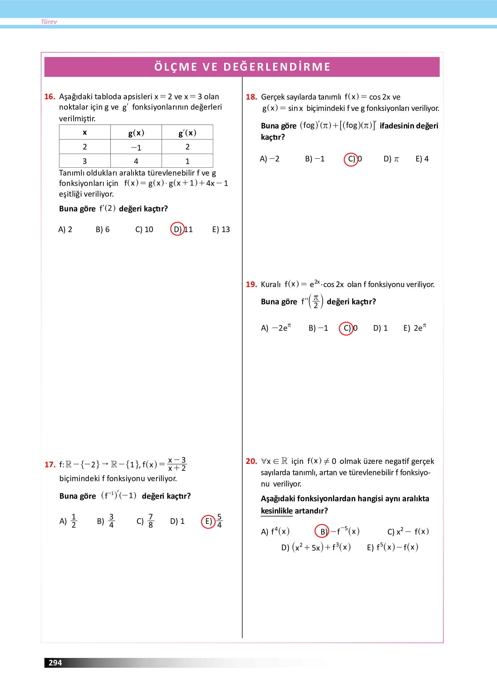 12. Sınıf Meb Yayınları Fen Lisesi Matematik Ders Kitabı Sayfa 294 Cevapları 12. Sınıf Meb Yayınları Fen Lisesi Matematik Ders Kitabı Sayfa 294 Cevapları