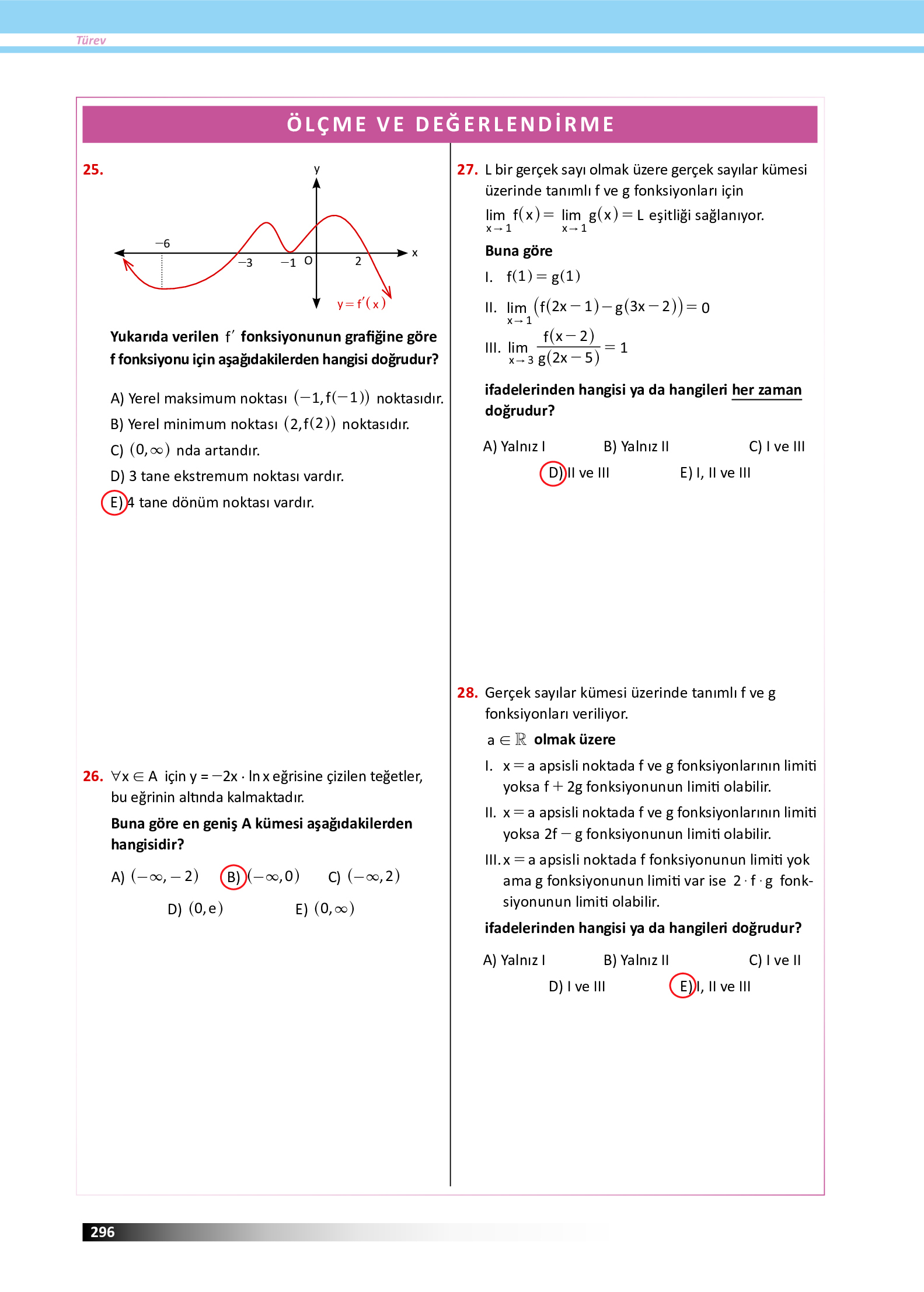 12. Sınıf Meb Yayınları Fen Lisesi Matematik Ders Kitabı Sayfa 296 Cevapları