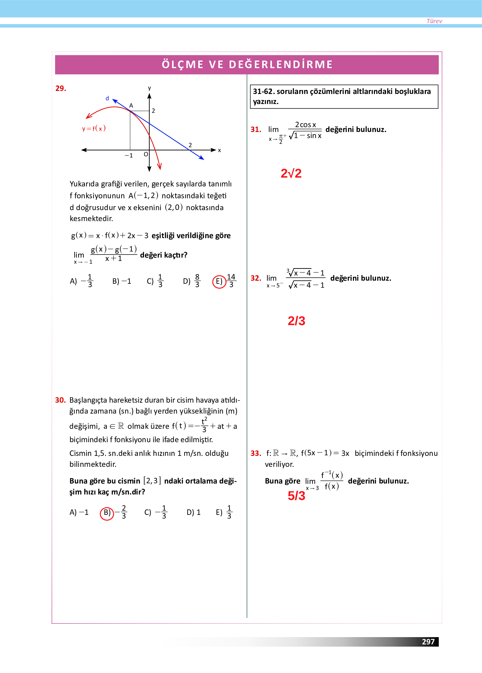 12. Sınıf Meb Yayınları Fen Lisesi Matematik Ders Kitabı Sayfa 297 Cevapları