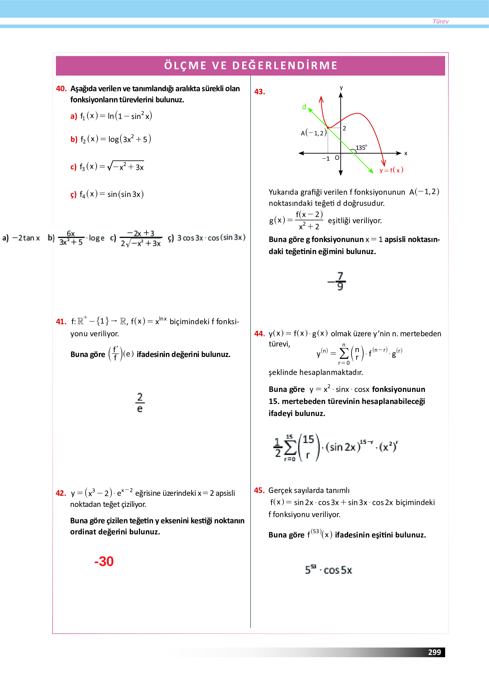 12. Sınıf Meb Yayınları Fen Lisesi Matematik Ders Kitabı Sayfa 299 Cevapları