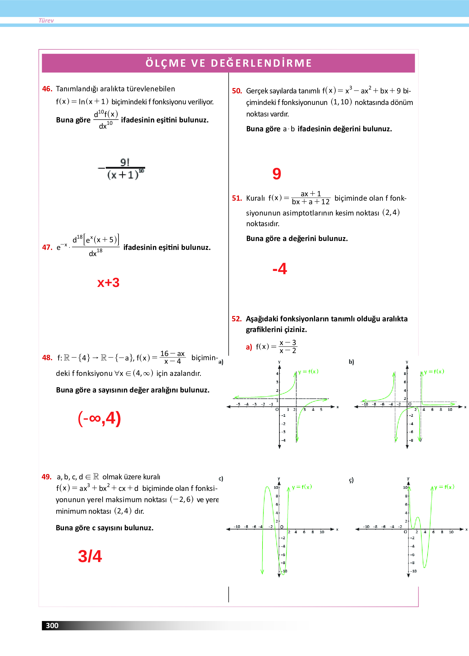 12. Sınıf Meb Yayınları Fen Lisesi Matematik Ders Kitabı Sayfa 300 Cevapları