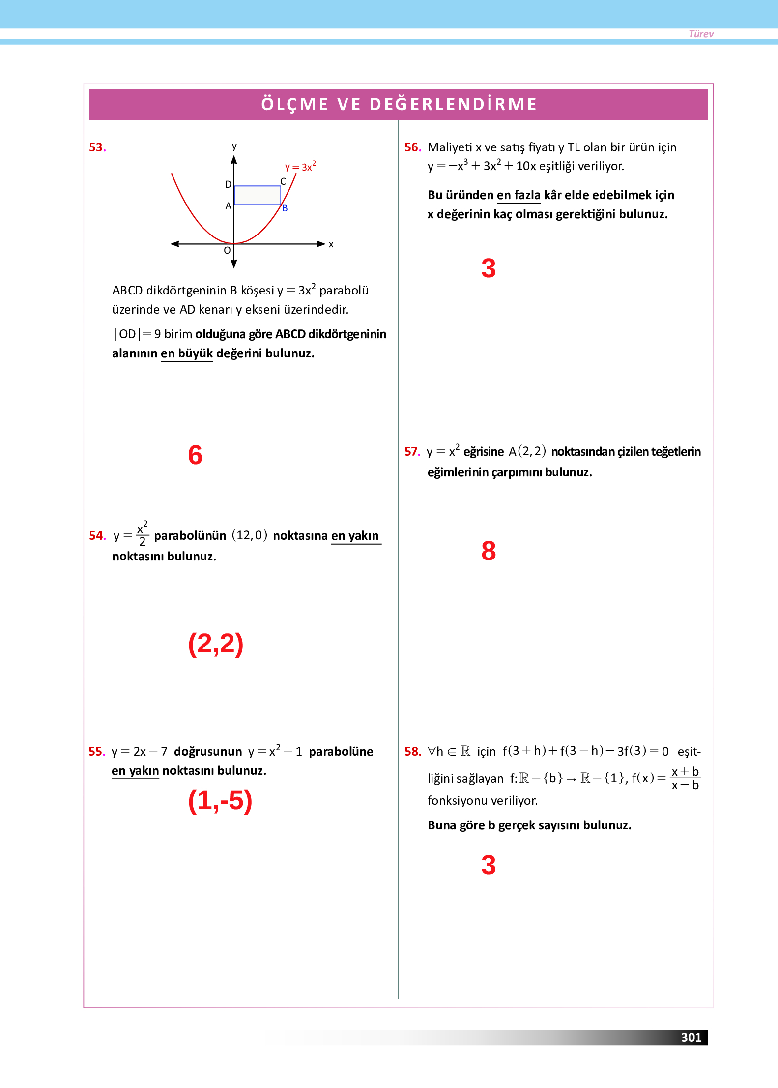 12. Sınıf Meb Yayınları Fen Lisesi Matematik Ders Kitabı Sayfa 301 Cevapları