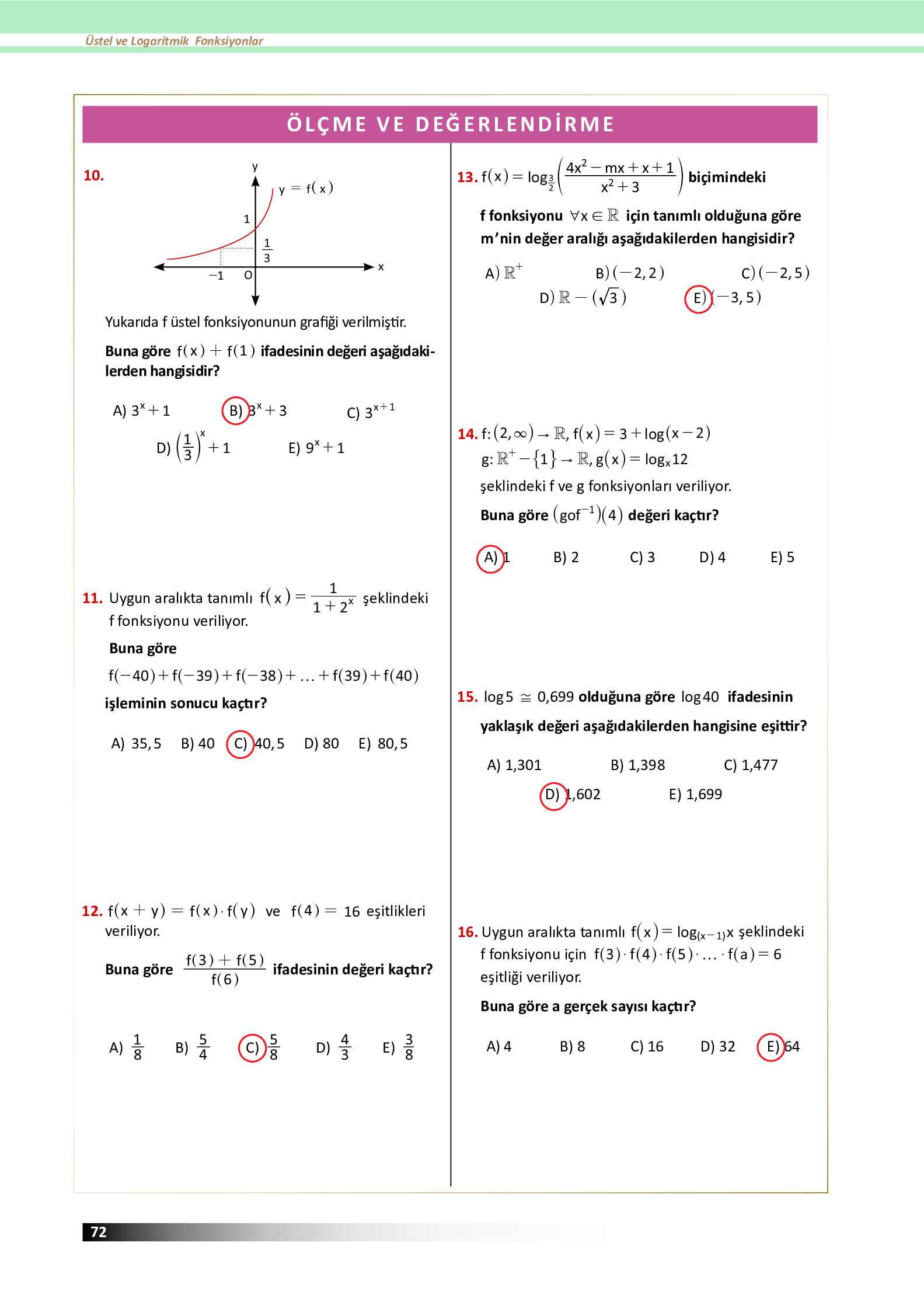 12. Sınıf Meb Yayınları Fen Lisesi Matematik Ders Kitabı Sayfa 72 Cevapları