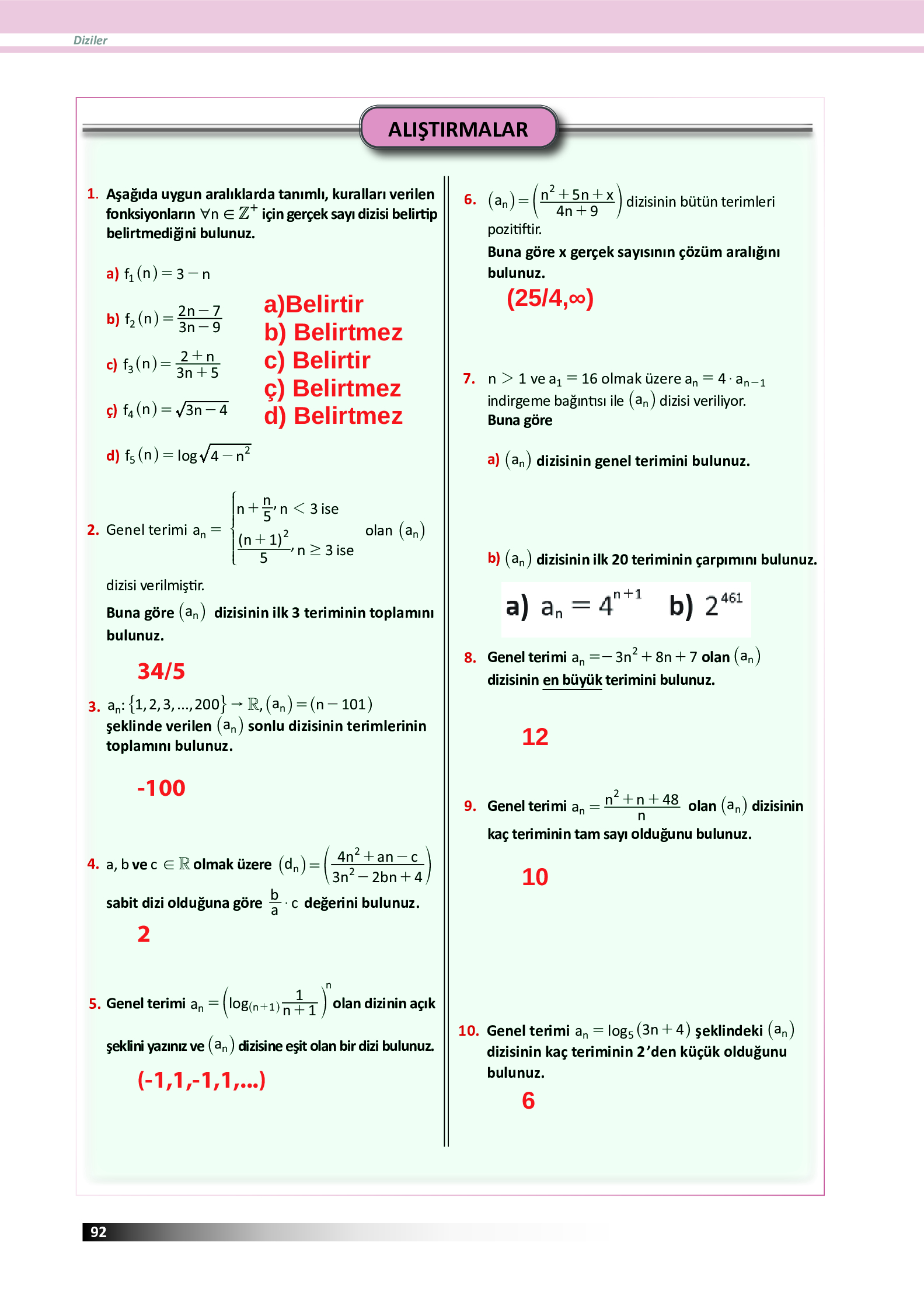 12. Sınıf Meb Yayınları Fen Lisesi Matematik Ders Kitabı Sayfa 92 Cevapları 12. Sınıf Meb Yayınları Fen Lisesi Matematik Ders Kitabı Sayfa 92 Cevapları