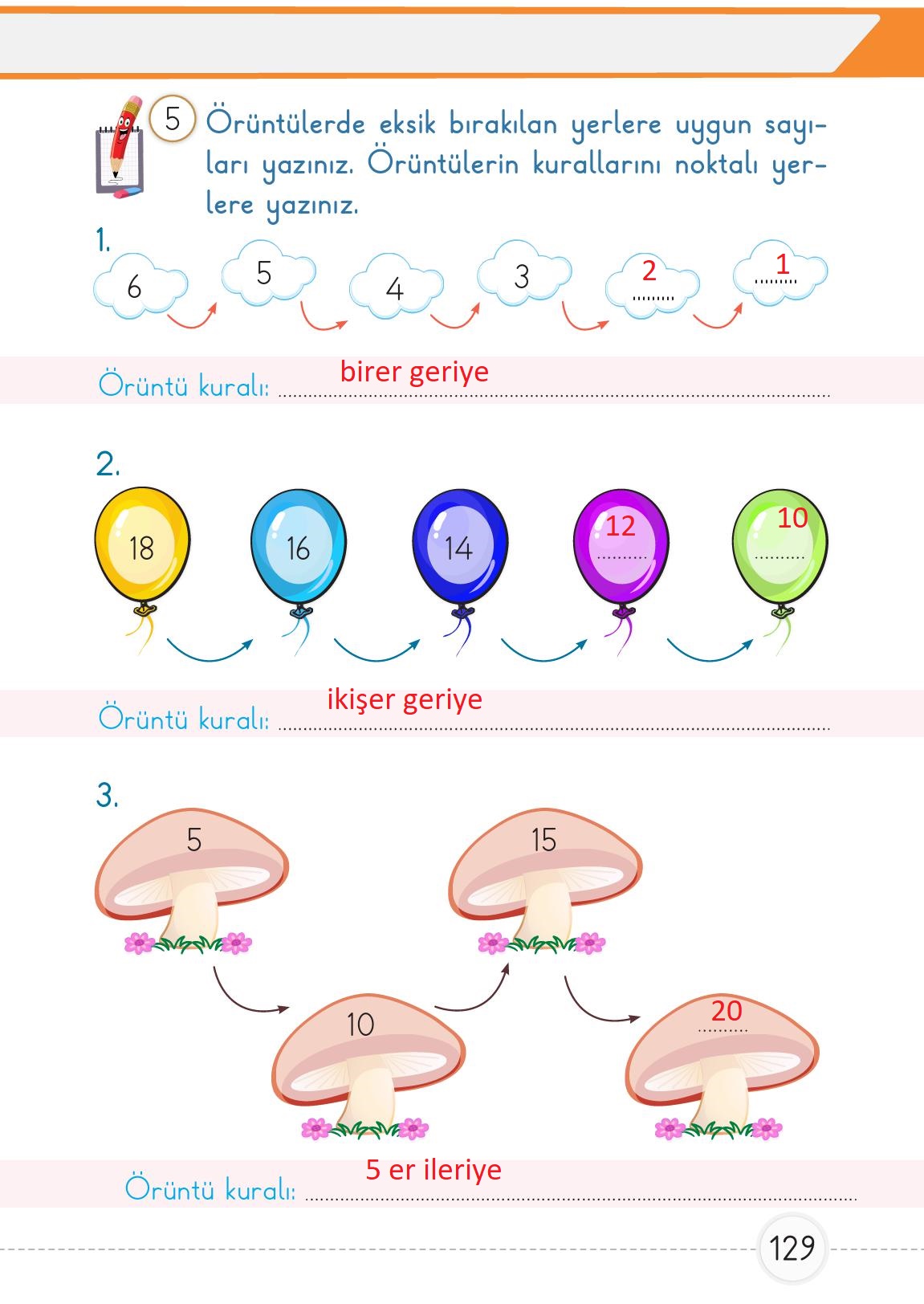 1. Sınıf Meb Yayınları Matematik Ders Kitabı 1. Kitap Sayfa 129 Cevapları
