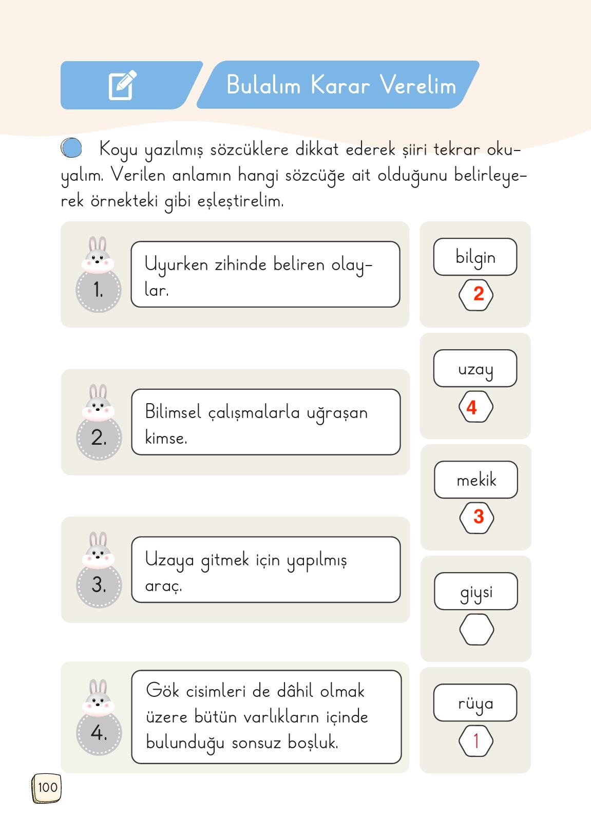 1. Sınıf Meb Yayınları Türkçe Ders Kitabı 1. Kitap Sayfa 100 Cevapları