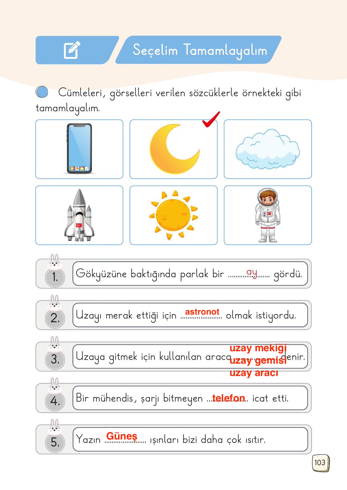 1. Sınıf Meb Yayınları Türkçe Ders Kitabı 1. Kitap Sayfa 103 Cevapları