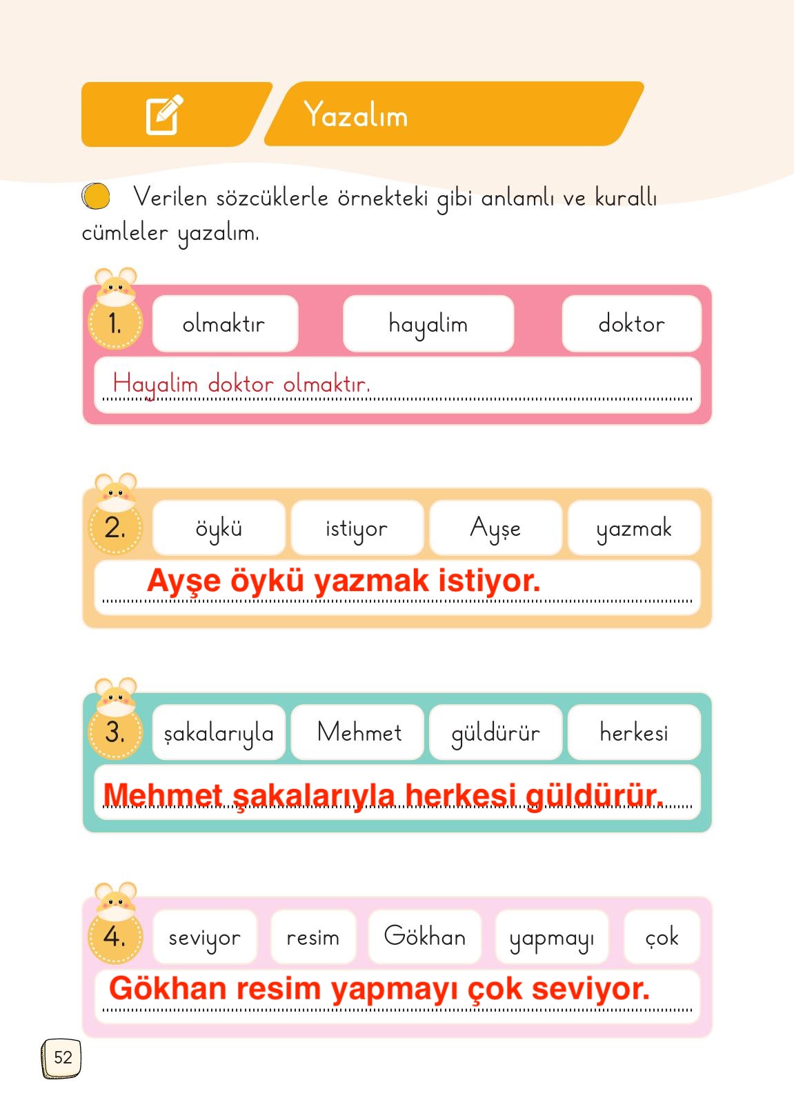 1. Sınıf Meb Yayınları Türkçe Ders Kitabı 1. Kitap Sayfa 52 Cevapları