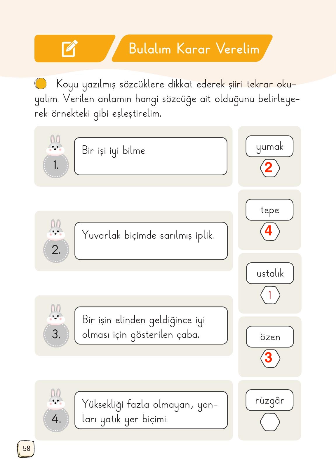 1. Sınıf Meb Yayınları Türkçe Ders Kitabı 1. Kitap Sayfa 58 Cevapları