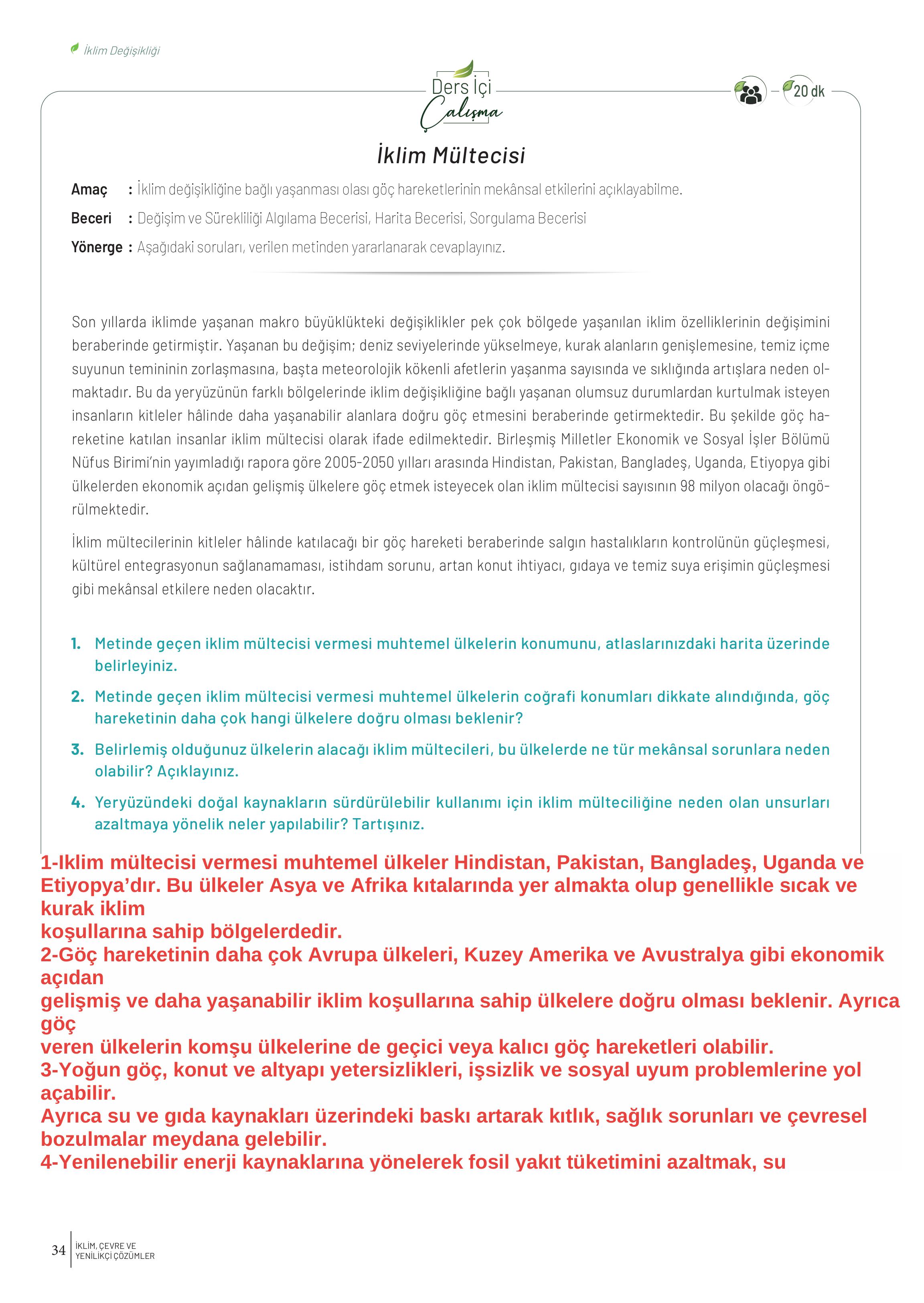 10-11-12. Sınıf Meb Yayınları İklim Çevre Ve Yenilikçi Çözümler Ders Kitabı Sayfa 34 Cevapları