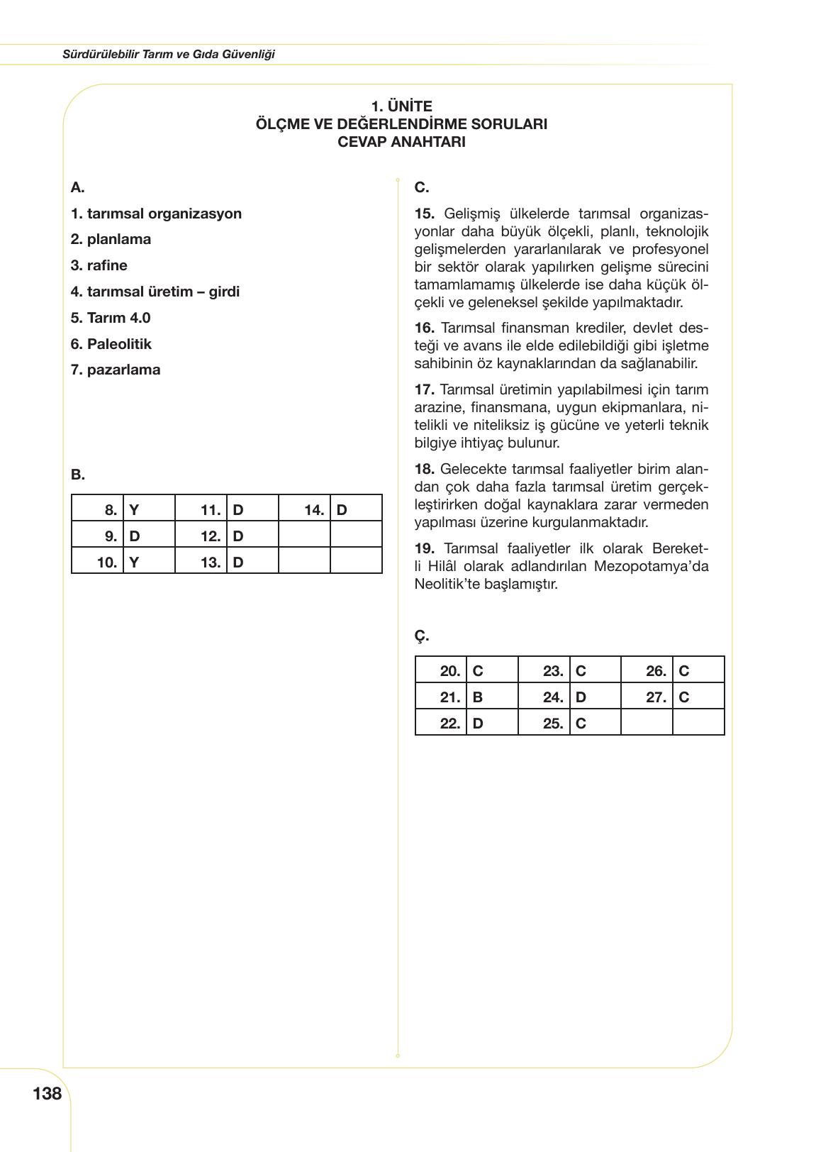 10-11. Sınıf Meb Yayınları Sürdürülebilir Tarım Ve Gıda Güvenliği Ders Kitabı Sayfa 138 Cevapları
