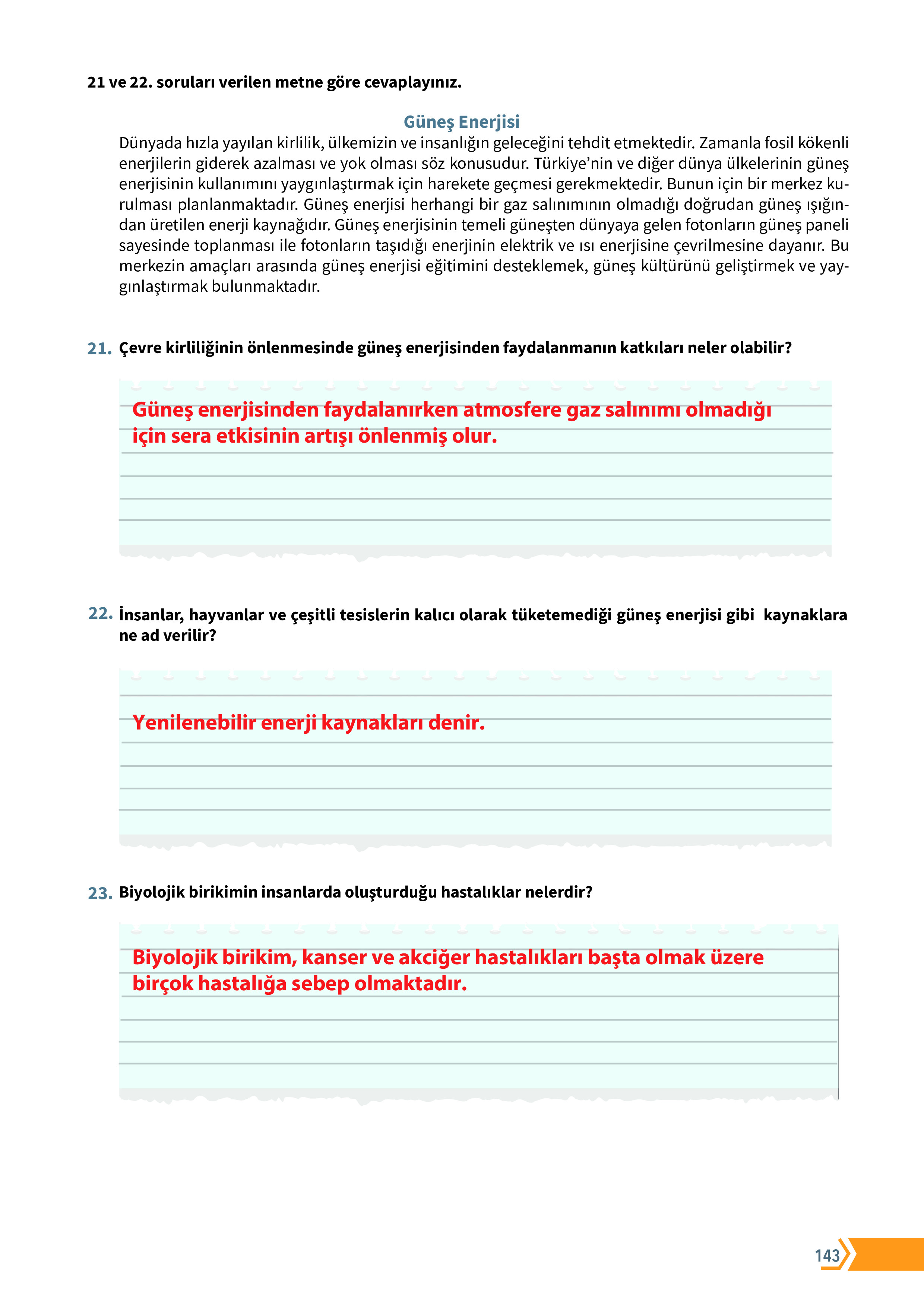 10. Sınıf Meb Yayınları Fen Lisesi Biyoloji Ders Kitabı Sayfa 143 Cevapları