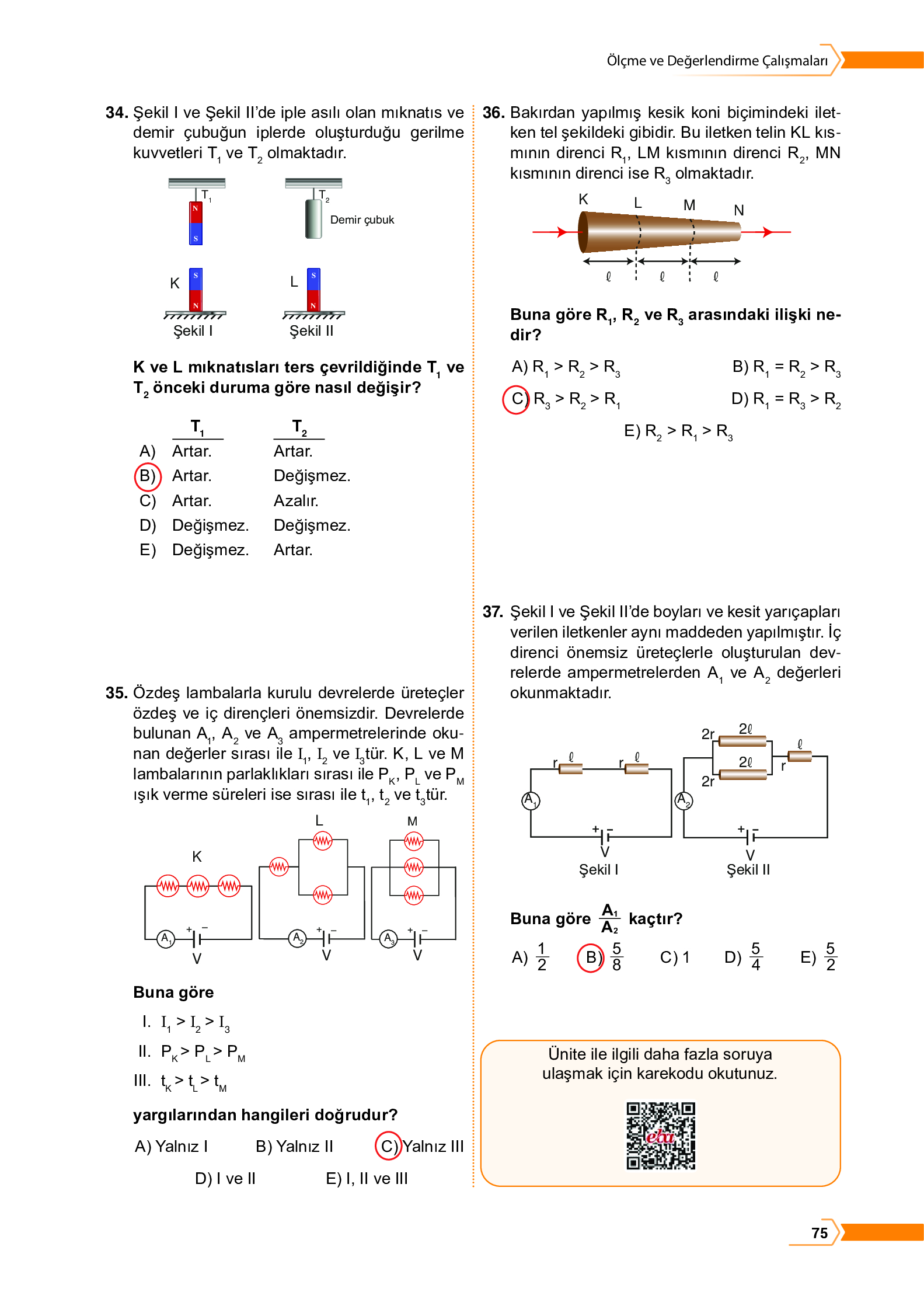 10. Sınıf Meb Yayınları Fen Lisesi Fizik Ders Kitabı Sayfa 75 Cevapları