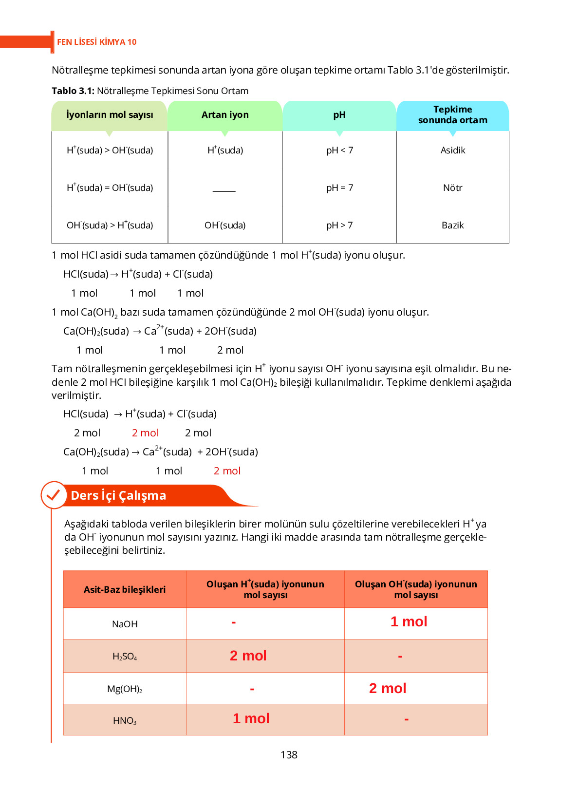 10. Sınıf Meb Yayınları Fen Lisesi Kimya Ders Kitabı Sayfa 138 Cevapları
