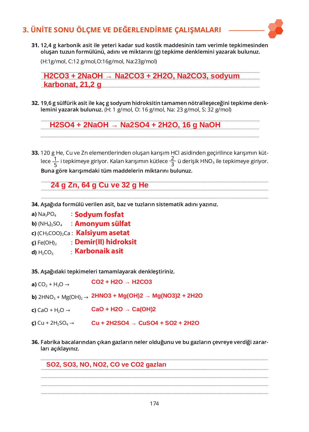 10. Sınıf Meb Yayınları Fen Lisesi Kimya Ders Kitabı Sayfa 174 Cevapları 10. Sınıf Meb Yayınları Fen Lisesi Kimya Ders Kitabı Sayfa 174 Cevapları