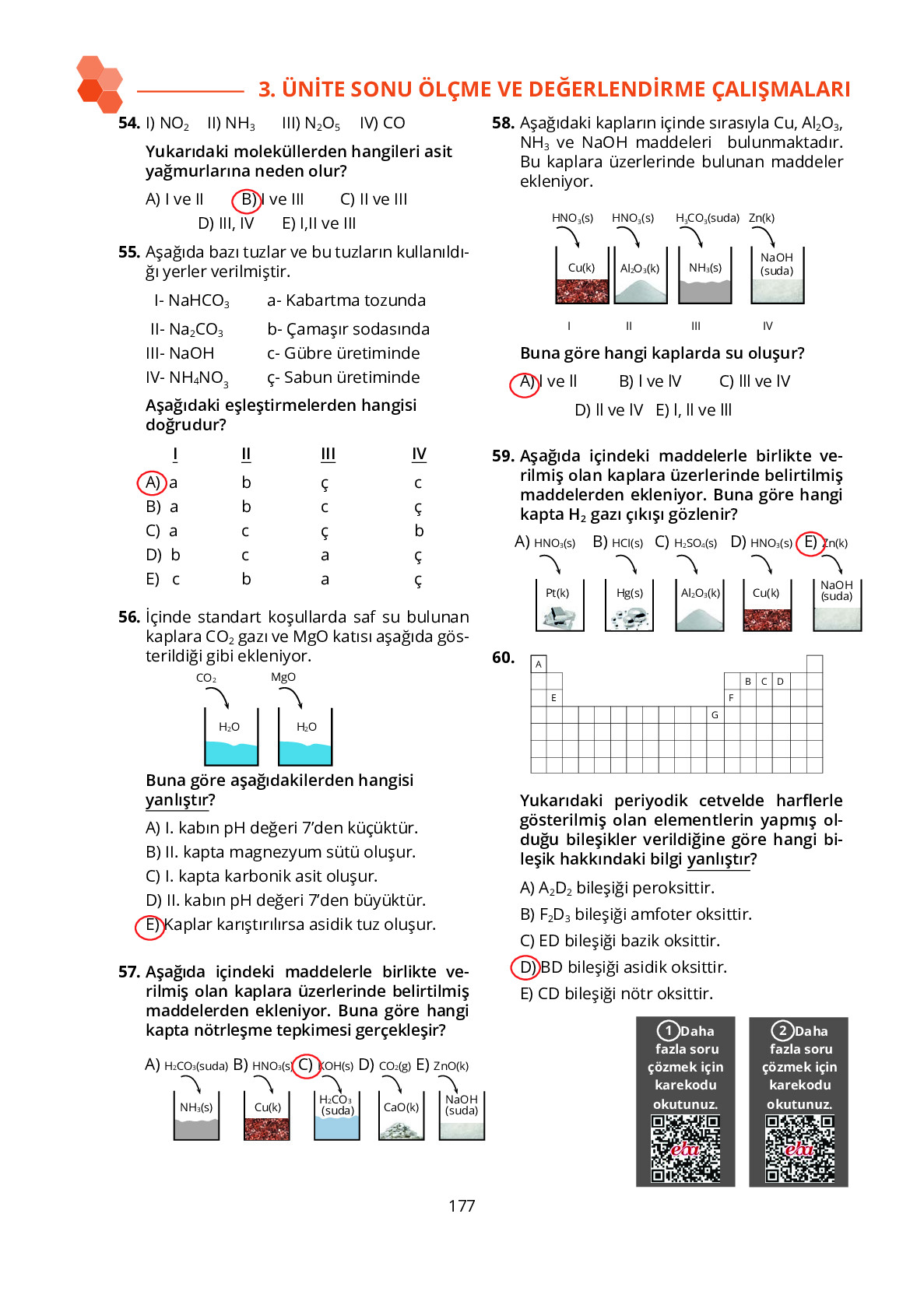 10. Sınıf Meb Yayınları Fen Lisesi Kimya Ders Kitabı Sayfa 177 Cevapları