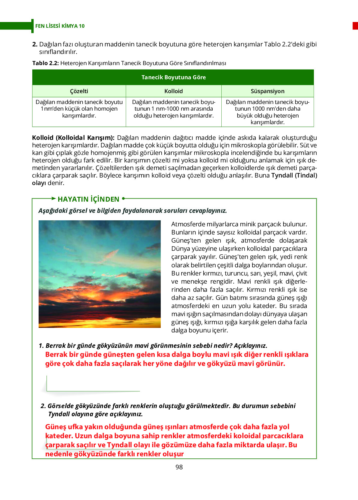 10. Sınıf Meb Yayınları Fen Lisesi Kimya Ders Kitabı Sayfa 98 Cevapları 10. Sınıf Meb Yayınları Fen Lisesi Kimya Ders Kitabı Sayfa 98 Cevapları