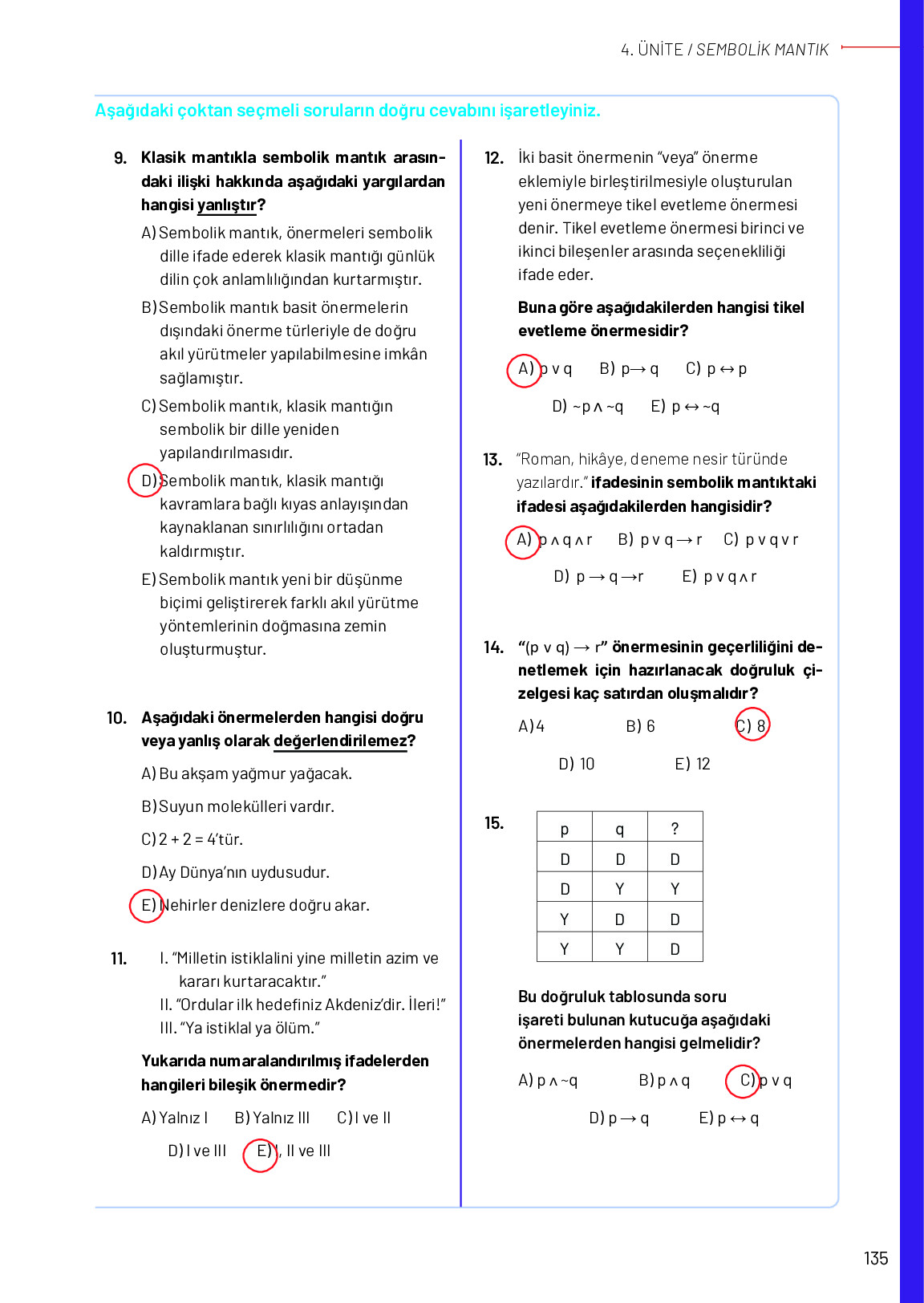 11-12. Sınıf Meb Yayınları Mantık Ders Kitabı Sayfa 135 Cevapları