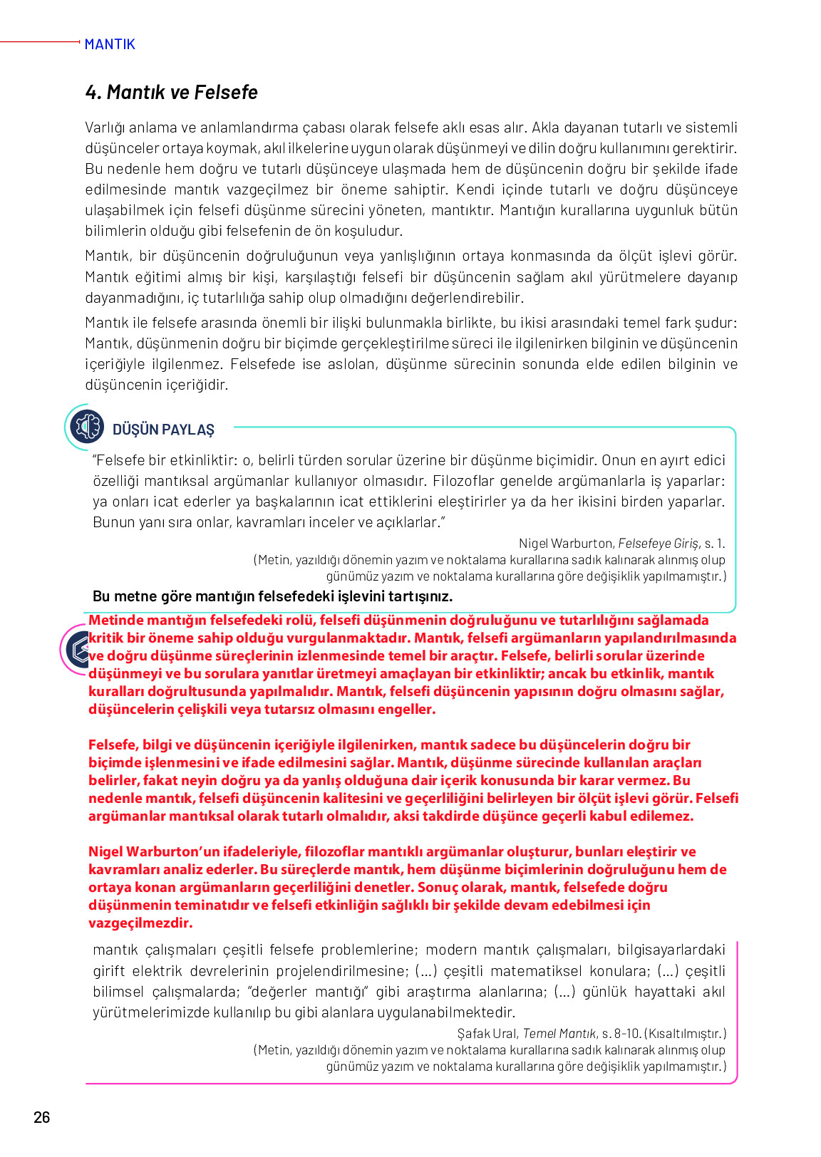 11-12. Sınıf Meb Yayınları Mantık Ders Kitabı Sayfa 26 Cevapları