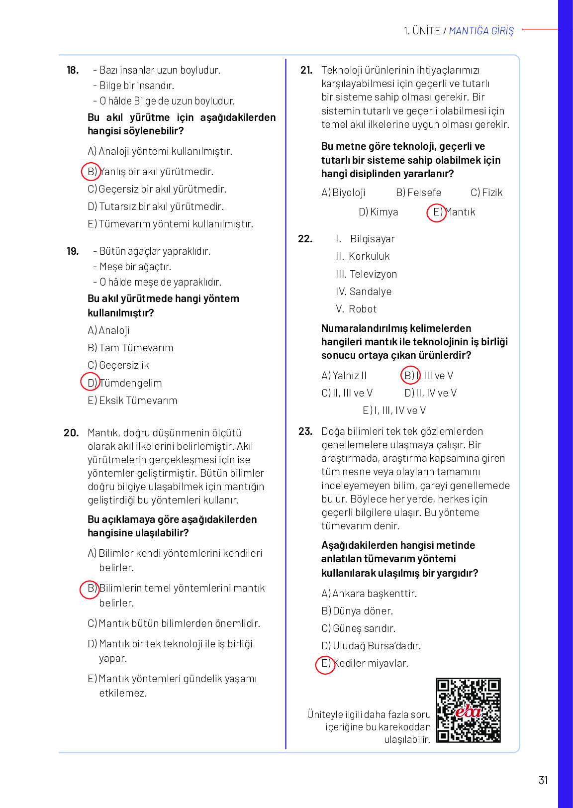 11-12. Sınıf Meb Yayınları Mantık Ders Kitabı Sayfa 31 Cevapları