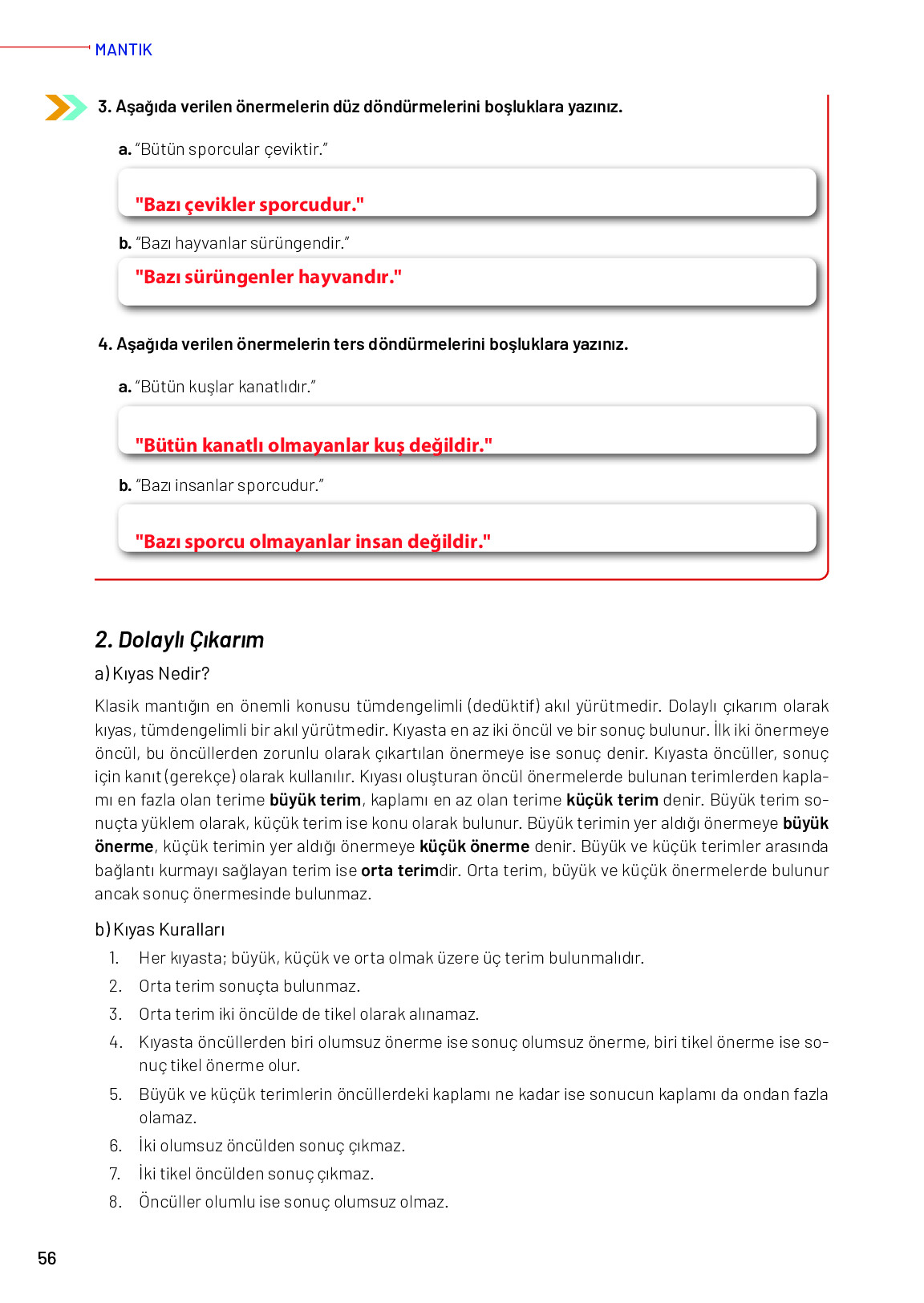 11-12. Sınıf Meb Yayınları Mantık Ders Kitabı Sayfa 56 Cevapları