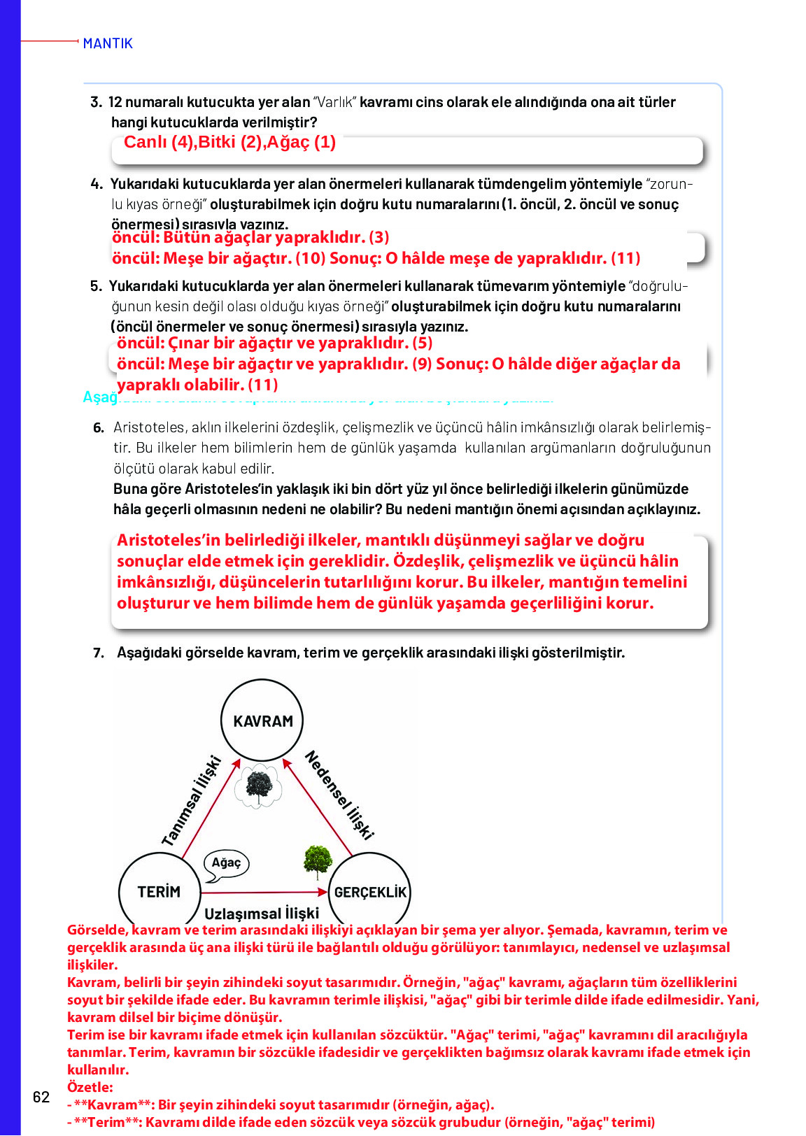 11-12. Sınıf Meb Yayınları Mantık Ders Kitabı Sayfa 62 Cevapları