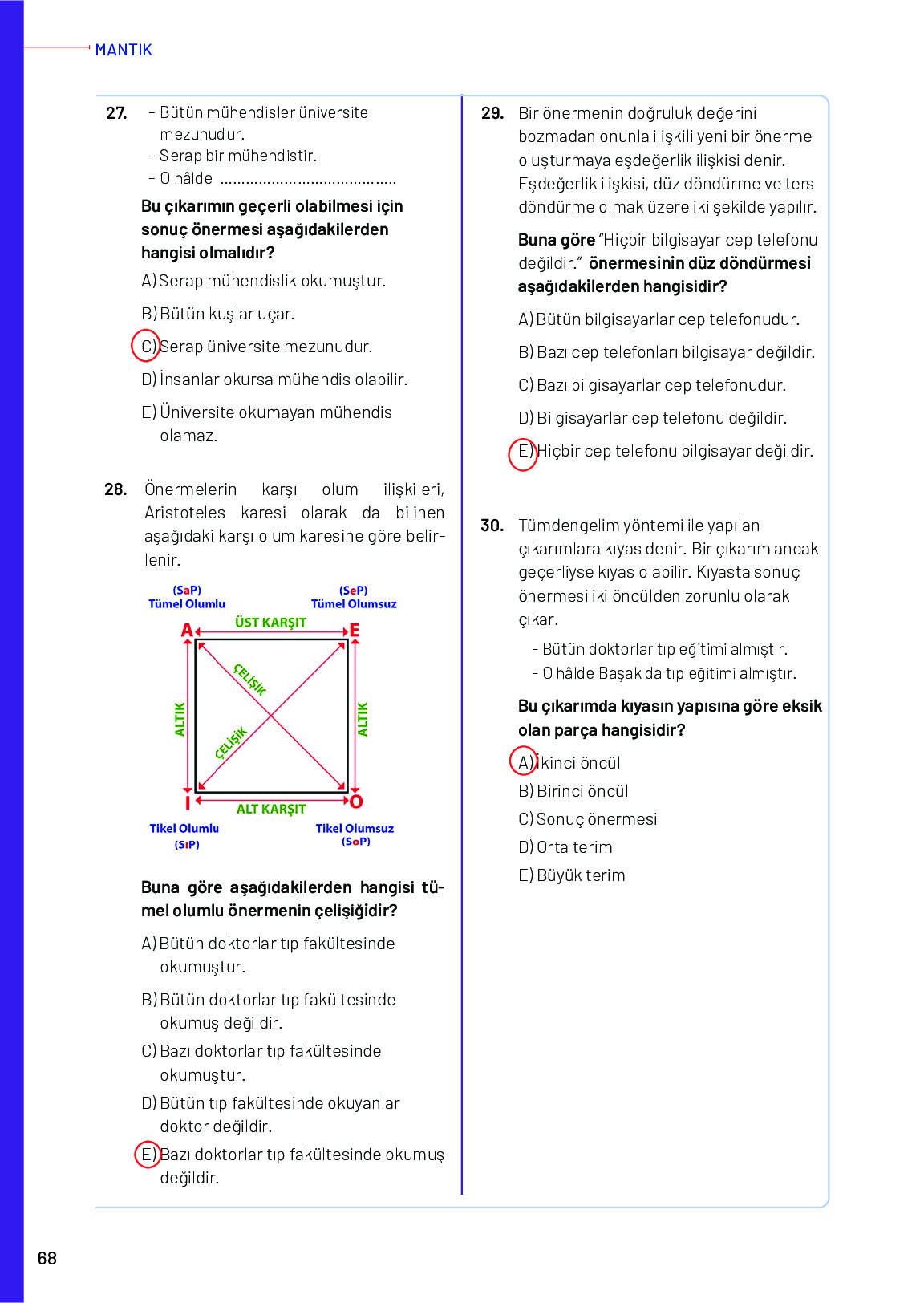 11-12. Sınıf Meb Yayınları Mantık Ders Kitabı Sayfa 68 Cevapları