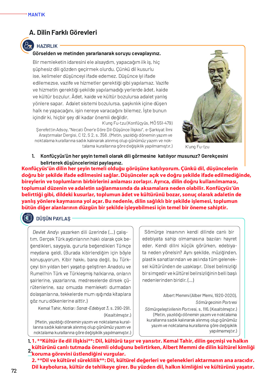 11-12. Sınıf Meb Yayınları Mantık Ders Kitabı Sayfa 72 Cevapları