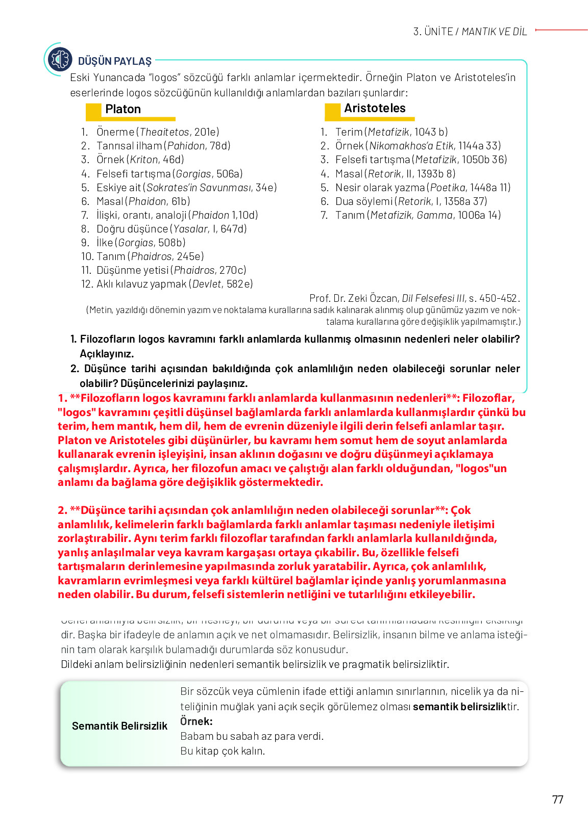 11-12. Sınıf Meb Yayınları Mantık Ders Kitabı Sayfa 77 Cevapları