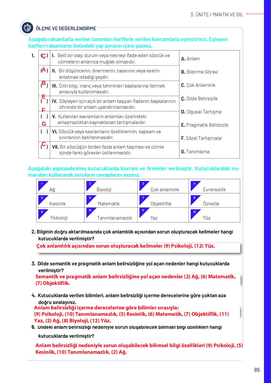 11-12. Sınıf Meb Yayınları Mantık Ders Kitabı Sayfa 85 Cevapları