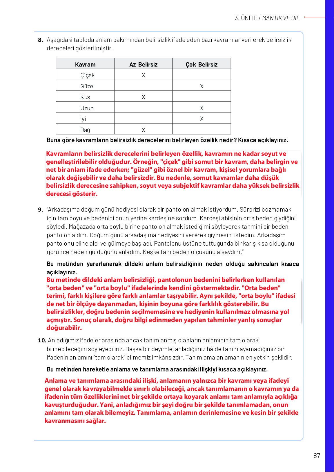 11-12. Sınıf Meb Yayınları Mantık Ders Kitabı Sayfa 87 Cevapları