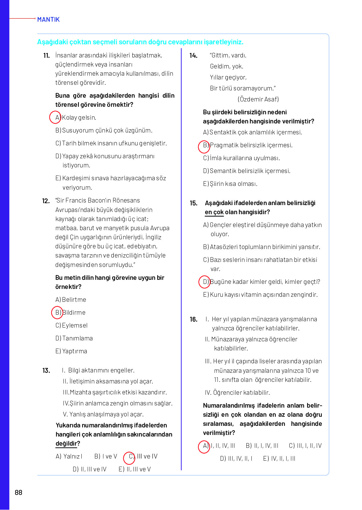 11-12. Sınıf Meb Yayınları Mantık Ders Kitabı Sayfa 88 Cevapları