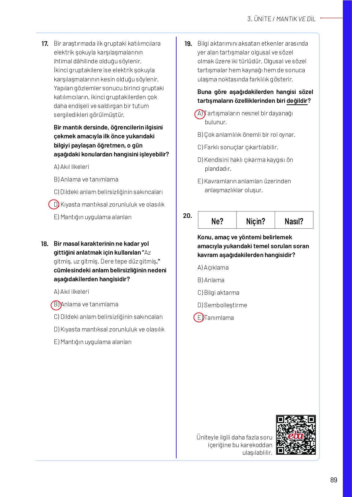 11-12. Sınıf Meb Yayınları Mantık Ders Kitabı Sayfa 89 Cevapları