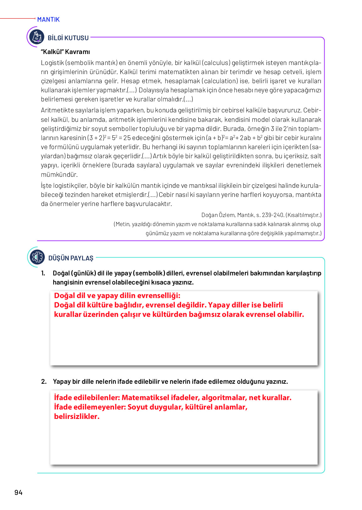 11-12. Sınıf Meb Yayınları Mantık Ders Kitabı Sayfa 94 Cevapları