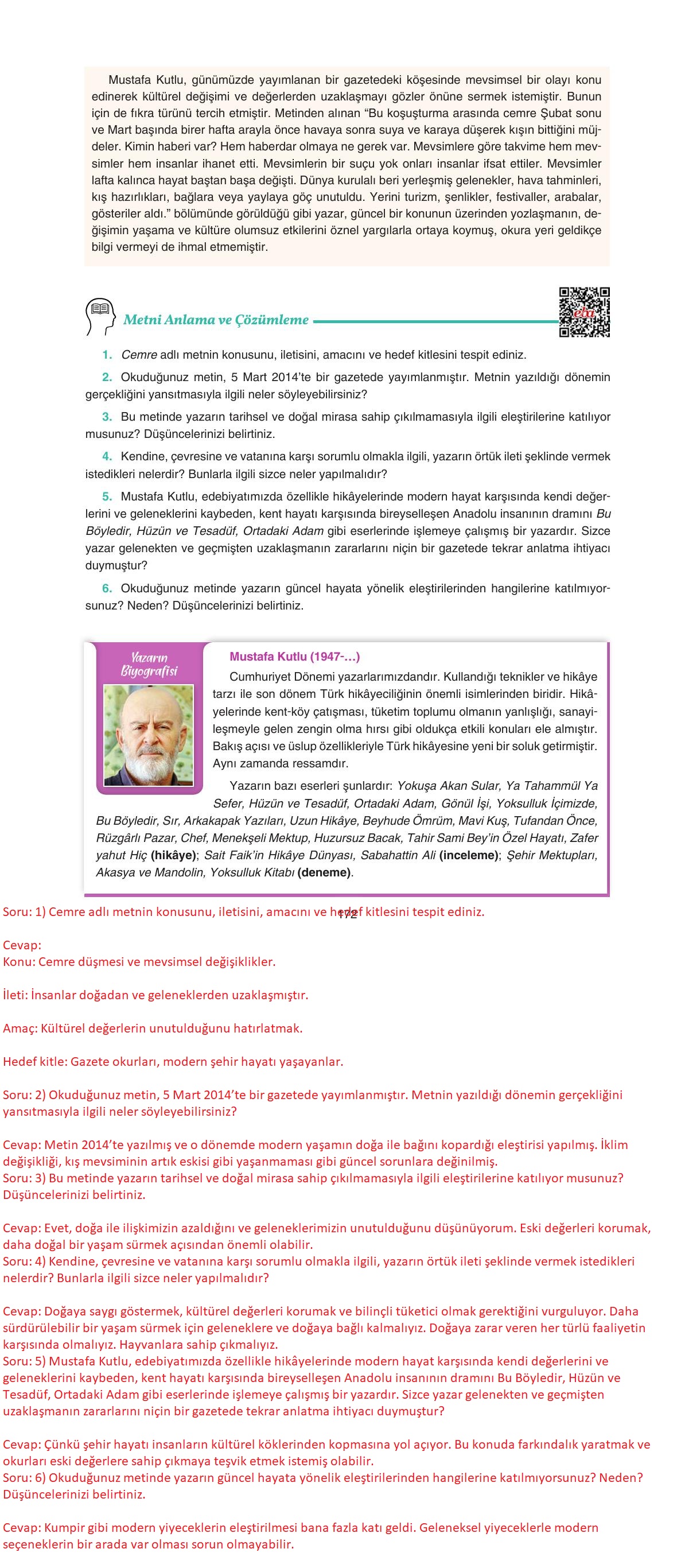 11. Sınıf Gizem Yayınları Türk Dili Ve Edebiyatı Ders Kitabı Sayfa 172 Cevapları