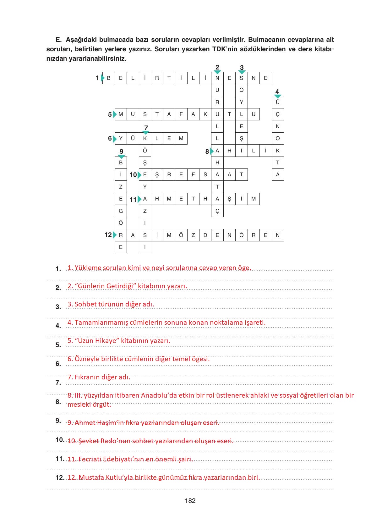11. Sınıf Gizem Yayınları Türk Dili Ve Edebiyatı Ders Kitabı Sayfa 182 Cevapları