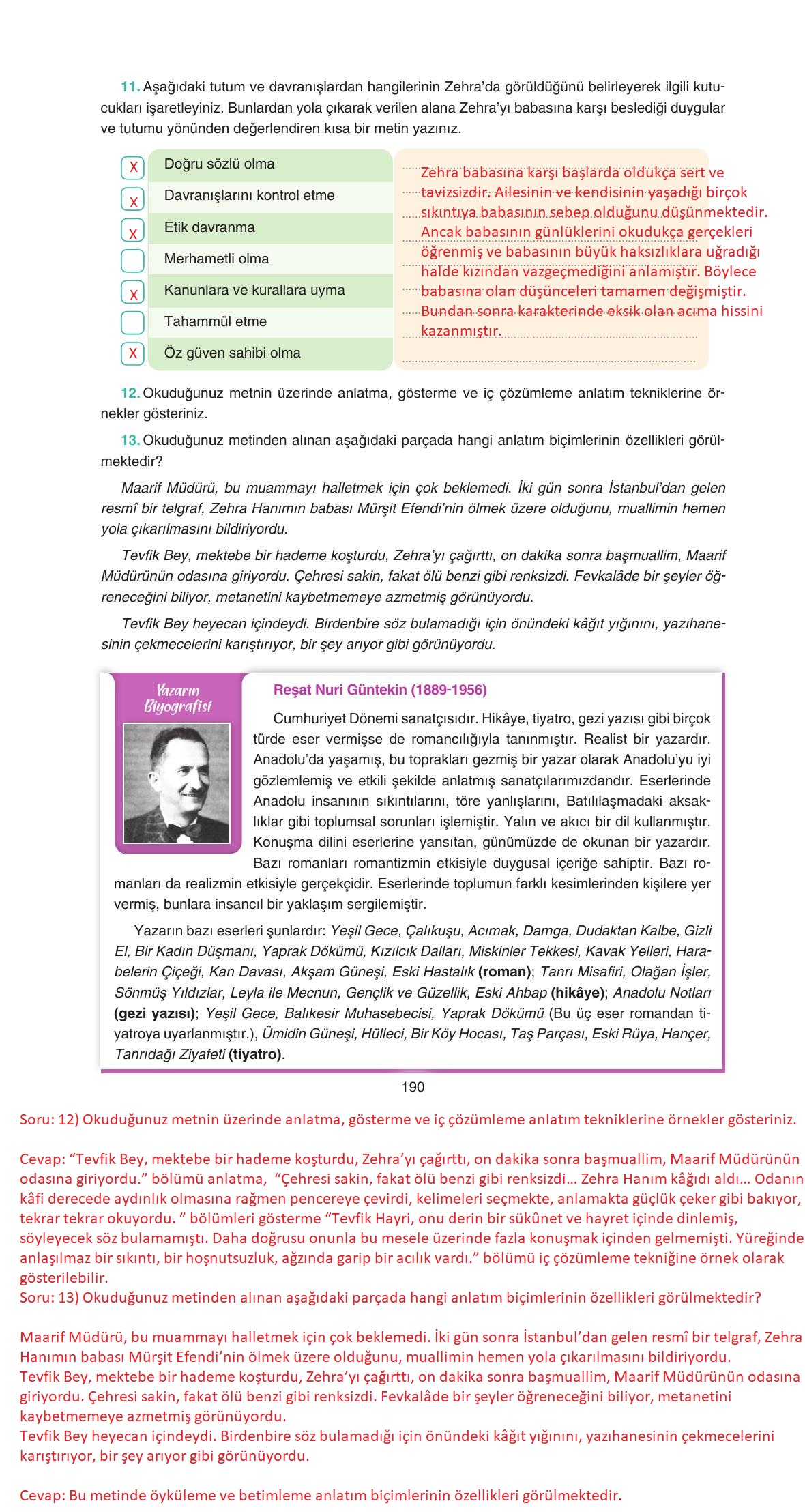 11. Sınıf Gizem Yayınları Türk Dili Ve Edebiyatı Ders Kitabı Sayfa 190 Cevapları