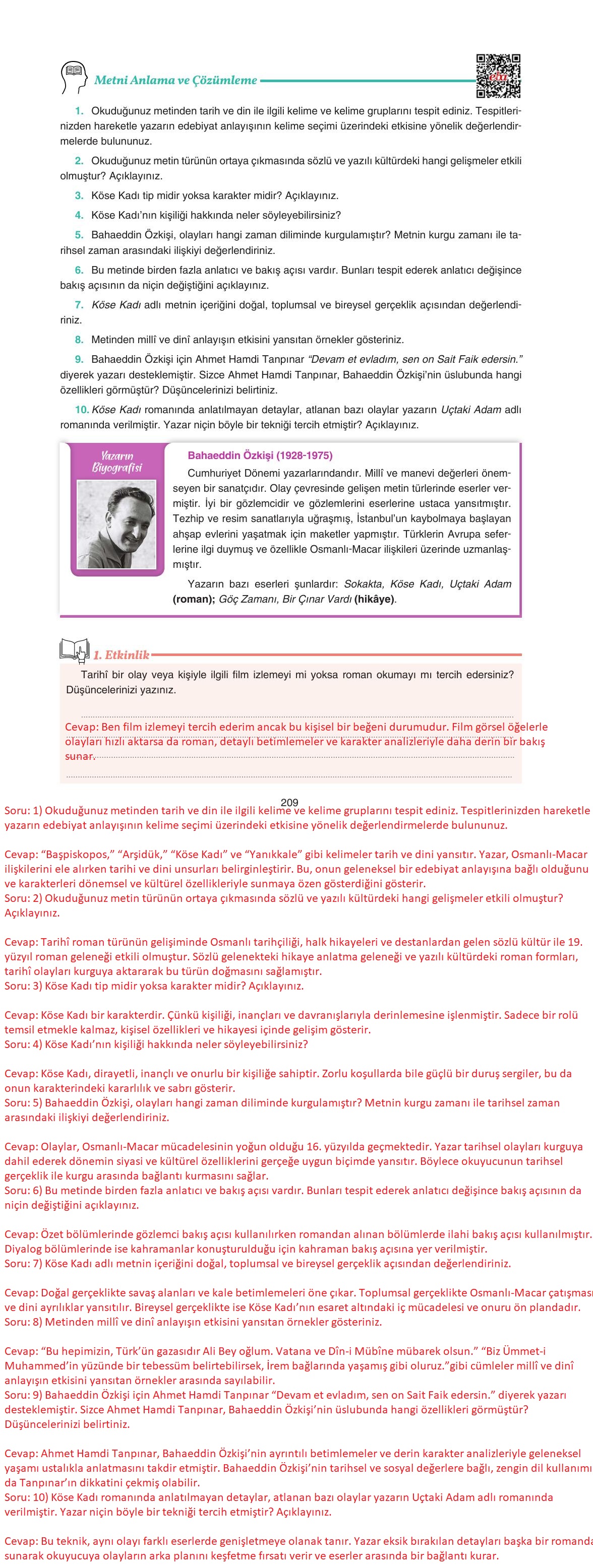 11. Sınıf Gizem Yayınları Türk Dili Ve Edebiyatı Ders Kitabı Sayfa 209 Cevapları