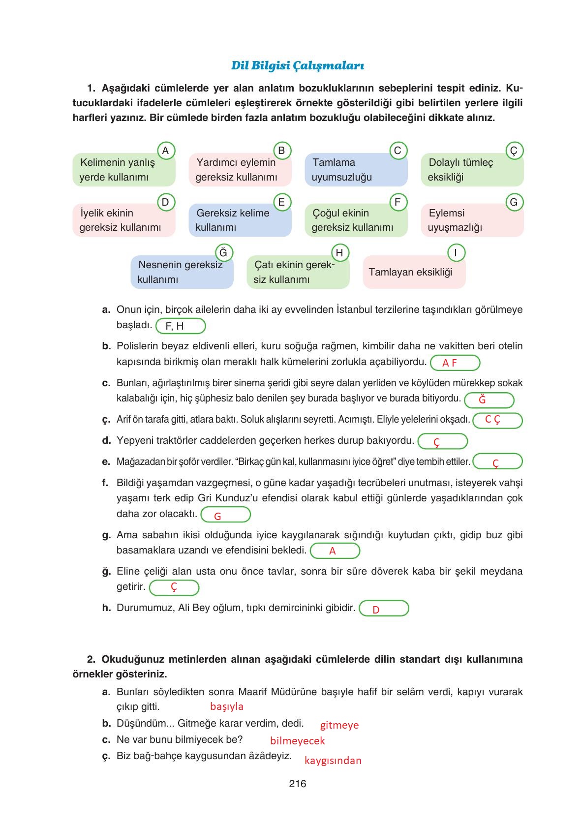 11. Sınıf Gizem Yayınları Türk Dili Ve Edebiyatı Ders Kitabı Sayfa 216 Cevapları