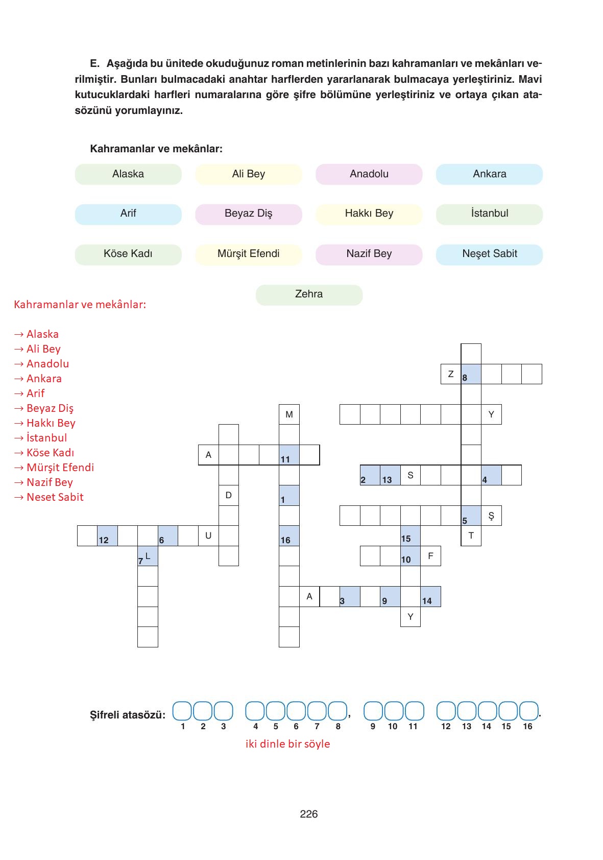 11. Sınıf Gizem Yayınları Türk Dili Ve Edebiyatı Ders Kitabı Sayfa 226 Cevapları