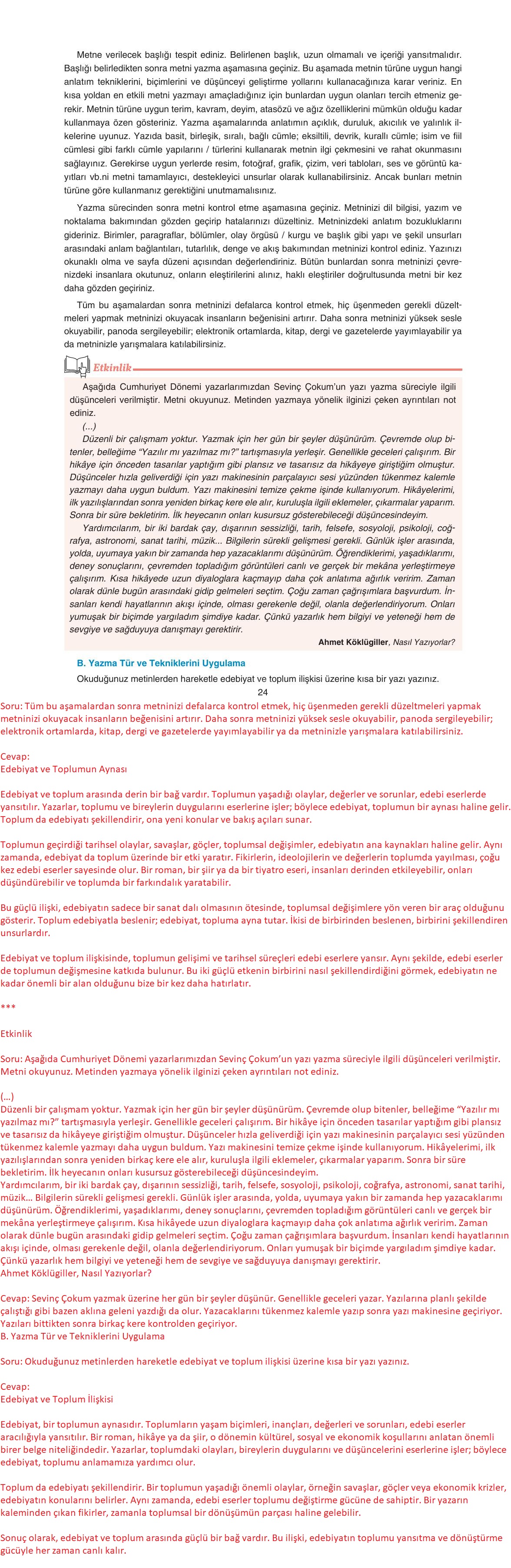 11. Sınıf Gizem Yayınları Türk Dili Ve Edebiyatı Ders Kitabı Sayfa 24 Cevapları
