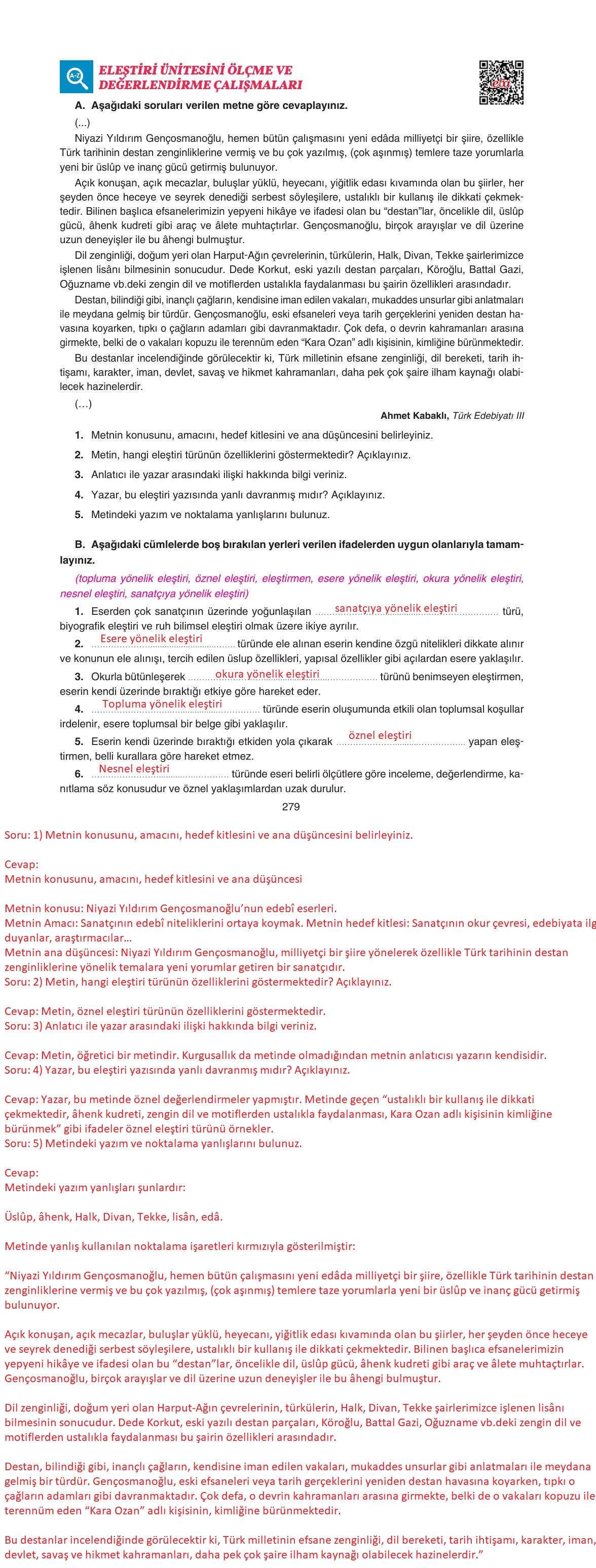11. Sınıf Gizem Yayınları Türk Dili Ve Edebiyatı Ders Kitabı Sayfa 279 Cevapları