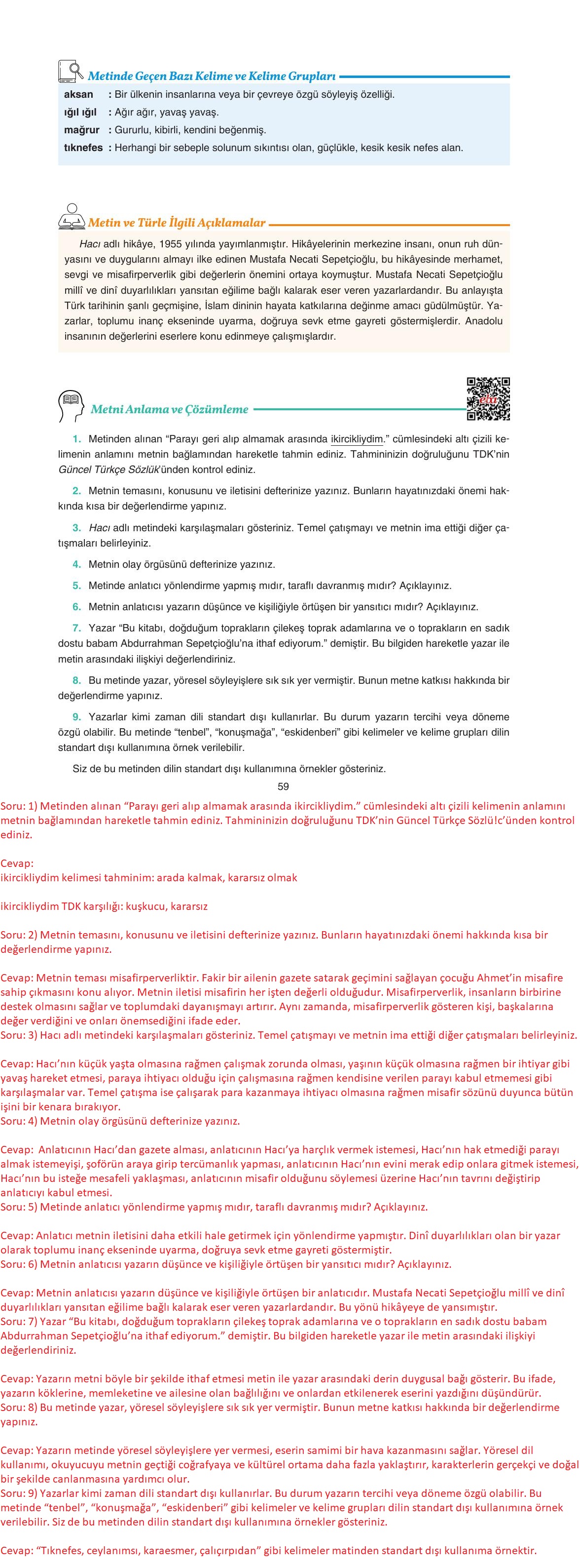 11. Sınıf Gizem Yayınları Türk Dili Ve Edebiyatı Ders Kitabı Sayfa 59 Cevapları