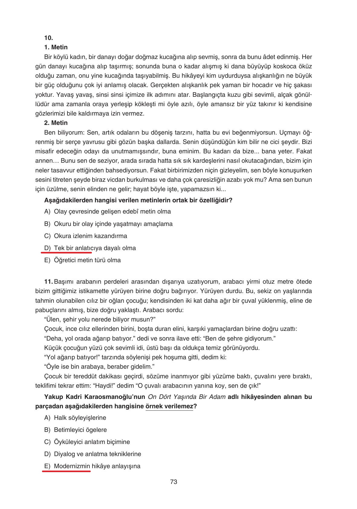 11. Sınıf Gizem Yayınları Türk Dili Ve Edebiyatı Ders Kitabı Sayfa 73 Cevapları