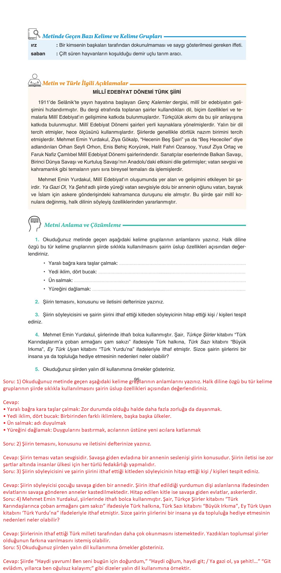 11. Sınıf Gizem Yayınları Türk Dili Ve Edebiyatı Ders Kitabı Sayfa 95 Cevapları