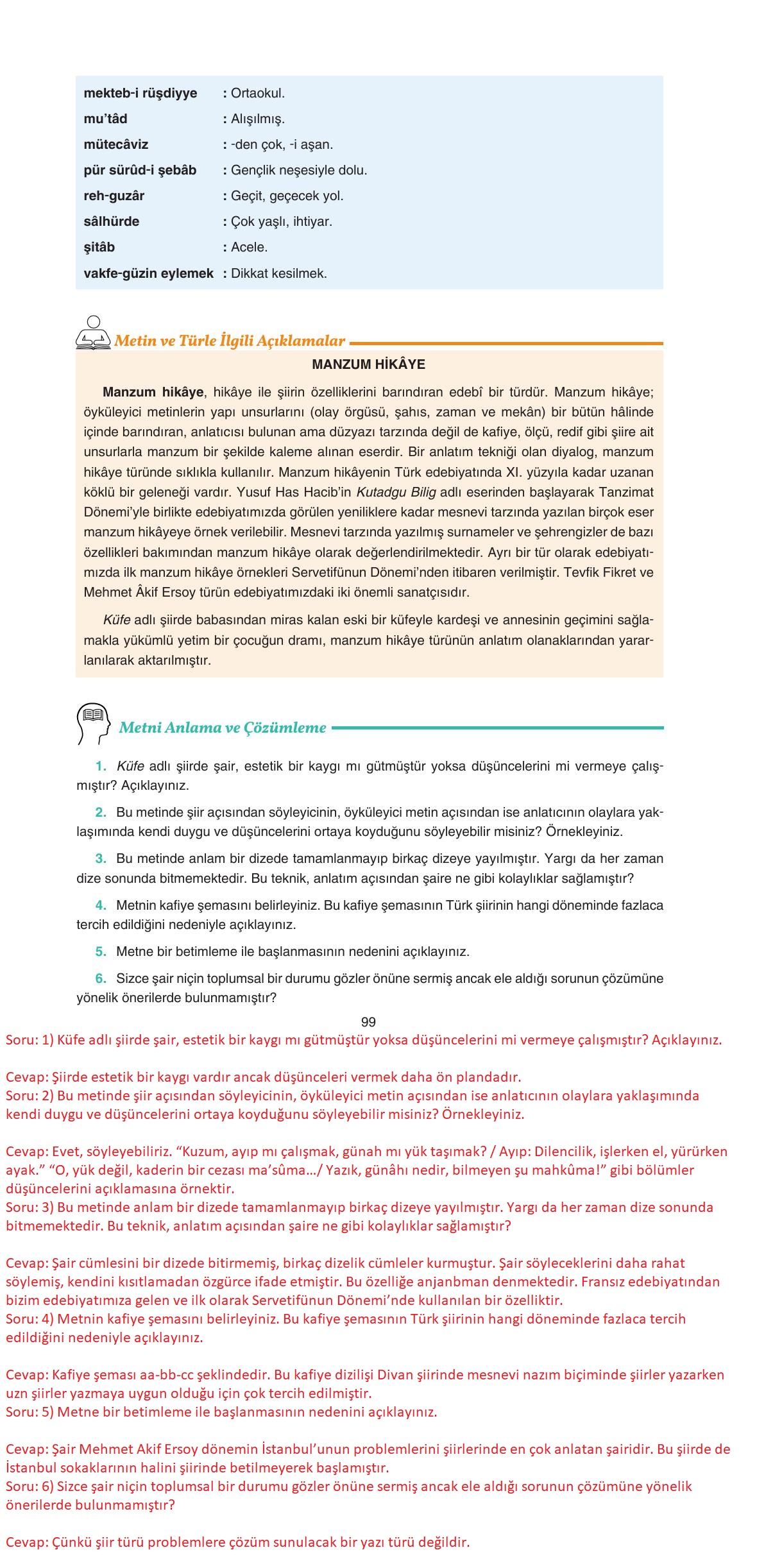 11. Sınıf Gizem Yayınları Türk Dili Ve Edebiyatı Ders Kitabı Sayfa 99 Cevapları