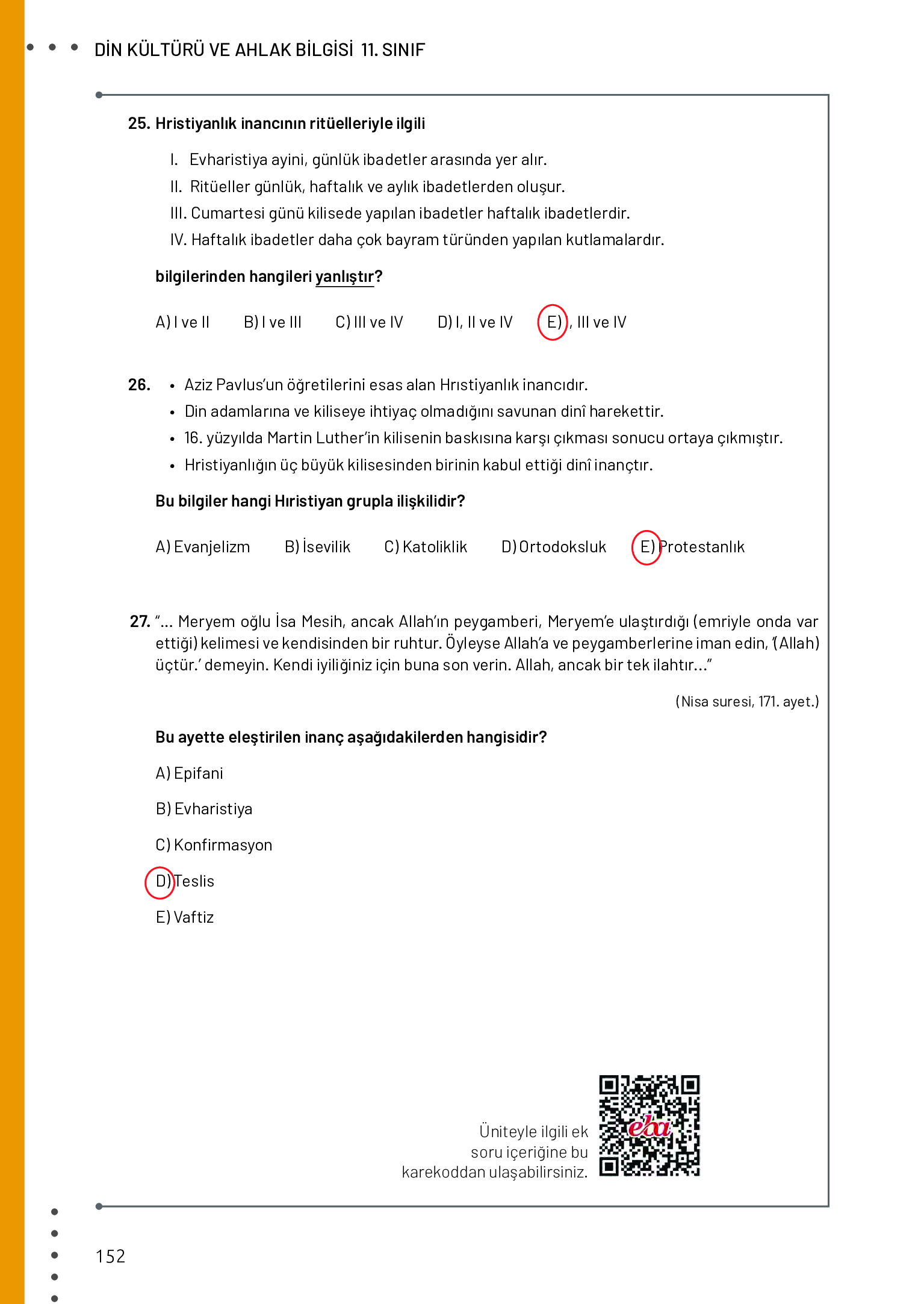 11. Sınıf Meb Yayınları Din Kültürü Ve Ahlak Bilgisi Ders Kitabı Sayfa 152 Cevapları