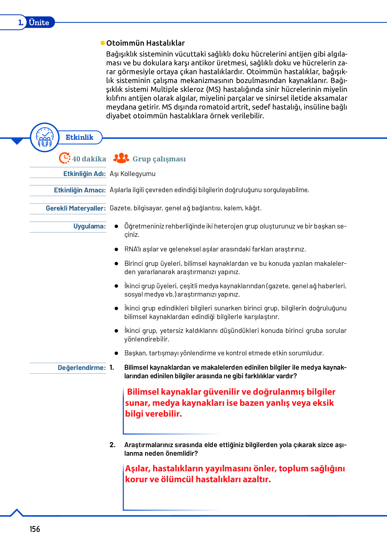 11. Sınıf Meb Yayınları Fen Lisesi Biyoloji Ders Kitabı Sayfa 156 Cevapları