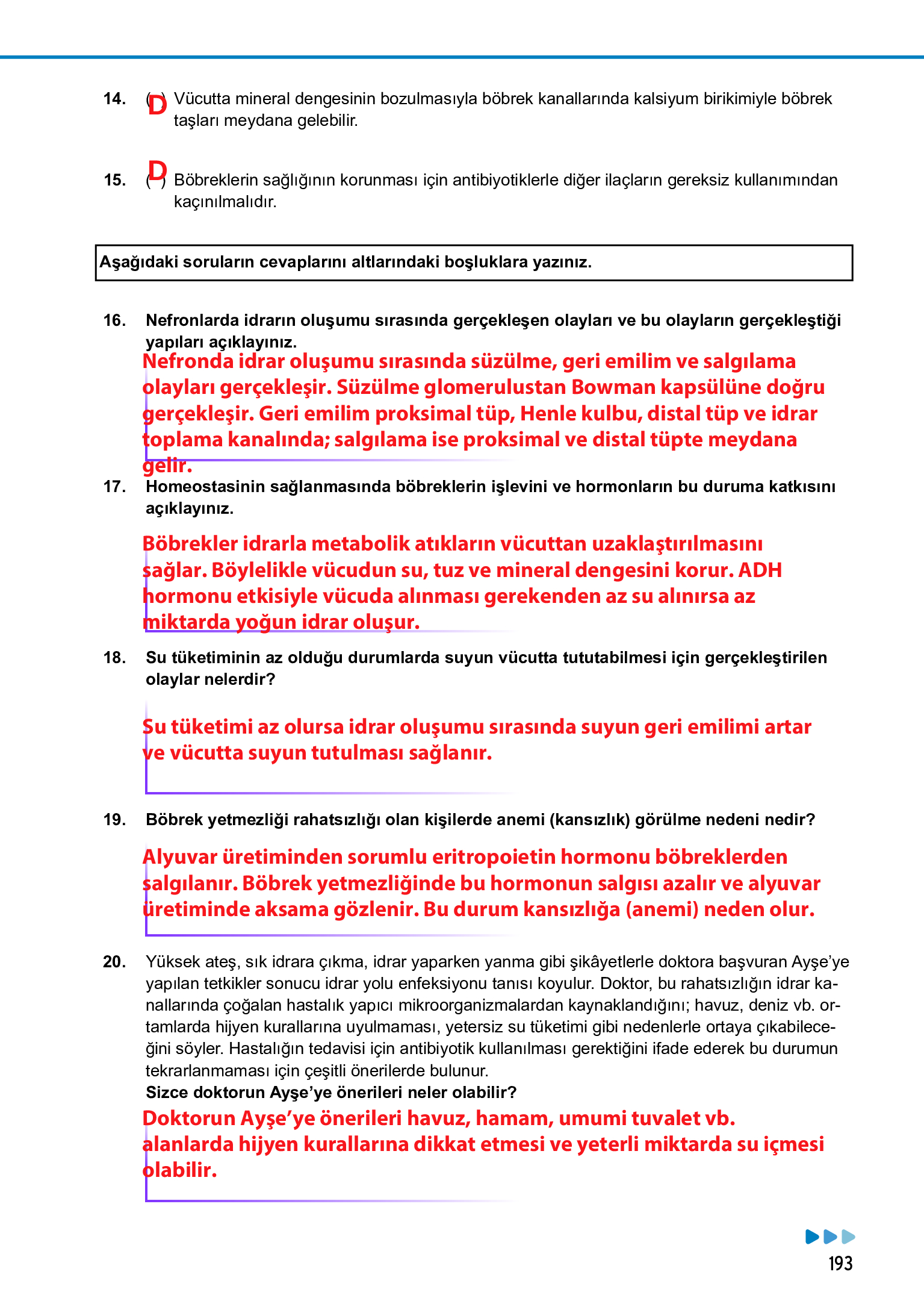 11. Sınıf Meb Yayınları Fen Lisesi Biyoloji Ders Kitabı Sayfa 193 Cevapları