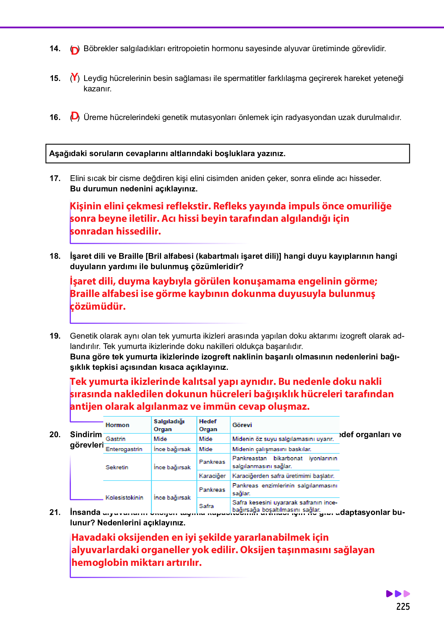 11. Sınıf Meb Yayınları Fen Lisesi Biyoloji Ders Kitabı Sayfa 225 Cevapları